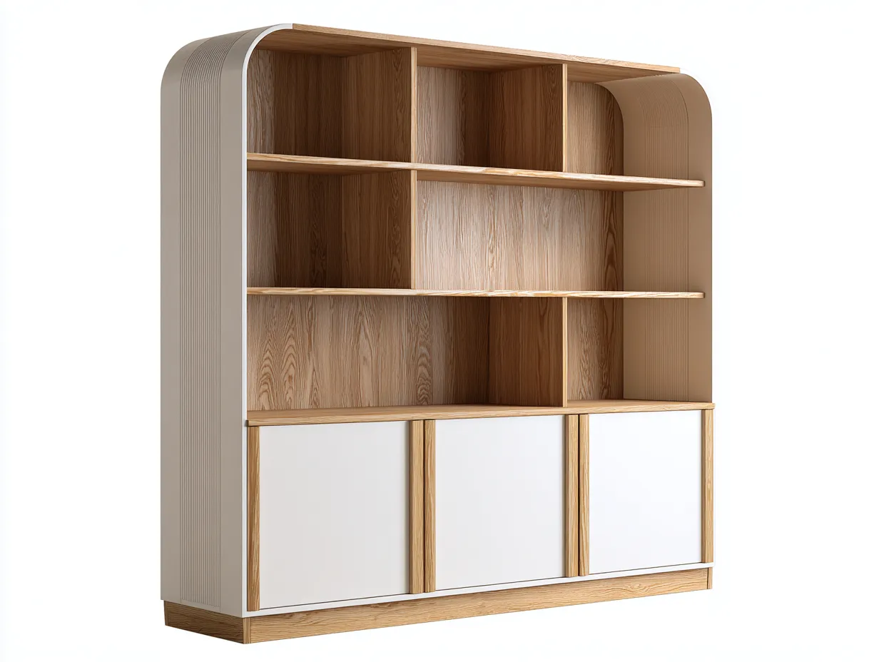 Vitrina de madera con 3 puertas y estantes abiertos 160x40x180 cm - Blanco-Madera - Diseño moderno para salón-Roomgethub