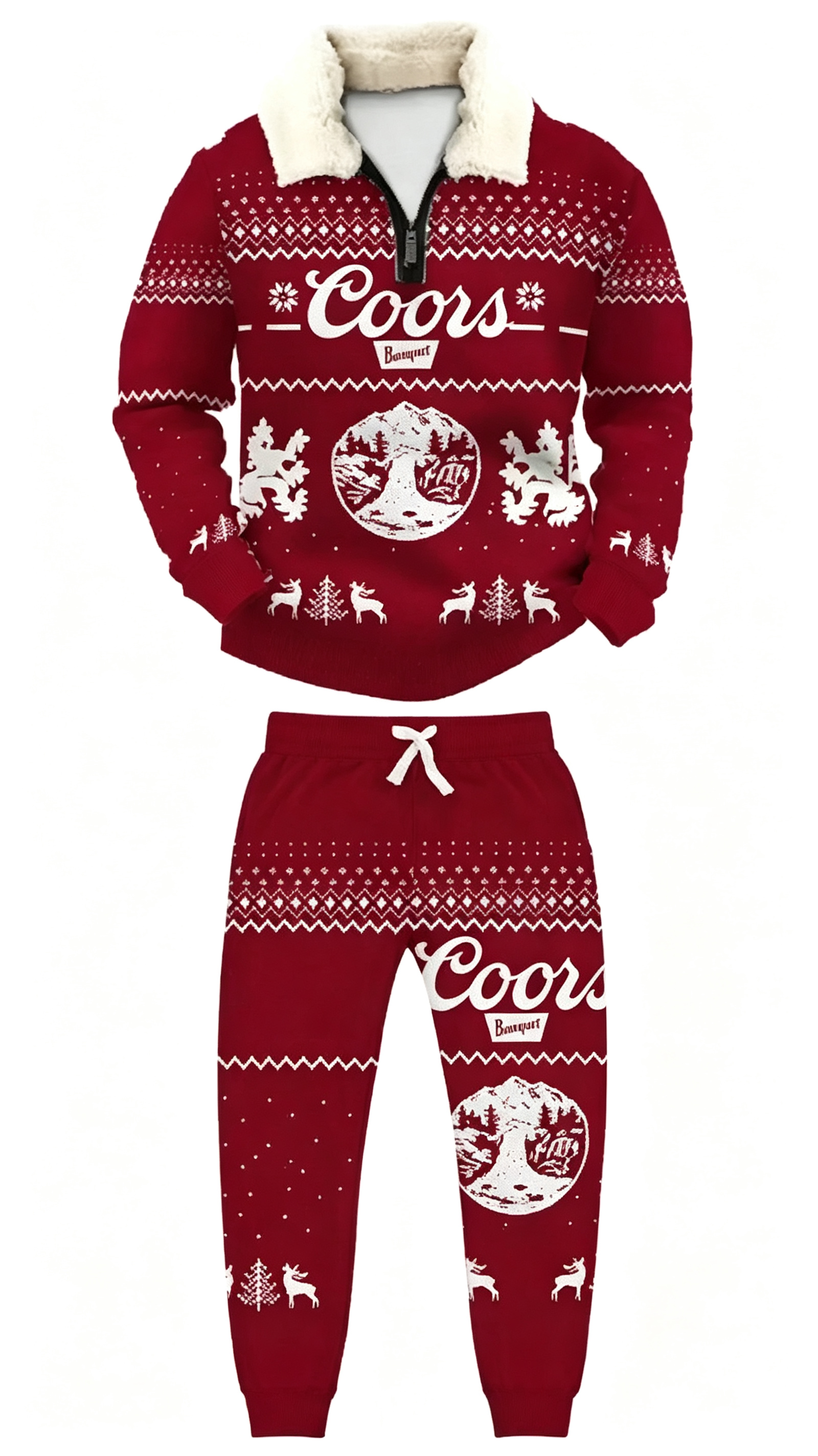 Customanima®Christmas 1/4 Zip Stand Fleece Collar Thick Sweatshirt & Sweatpant Set 0914