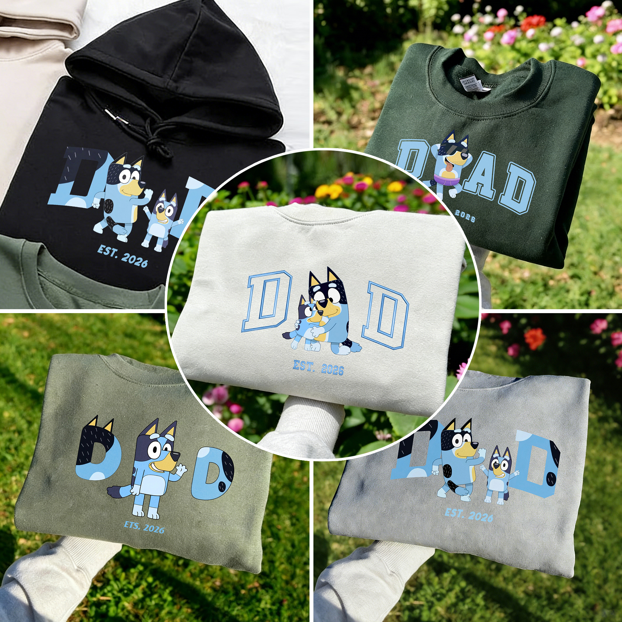Custom-printed matching sweatshirts for parents and children based on photos (Bluey)