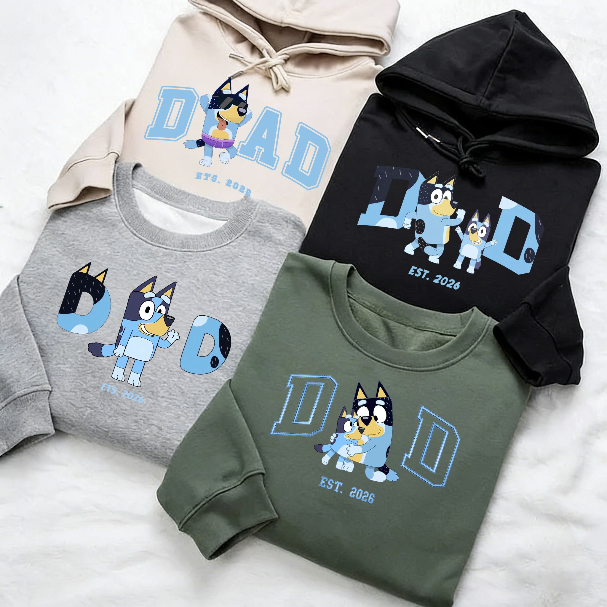 Custom-printed matching sweatshirts for parents and children based on photos (Bluey)