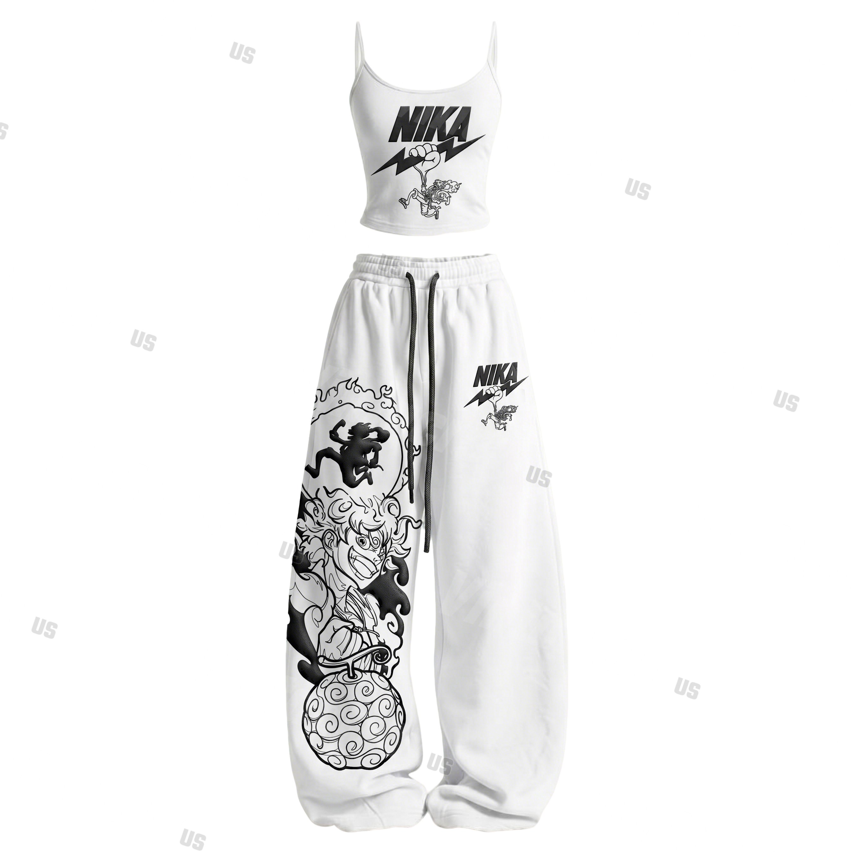 Strappy Top + Baggy Sweatpants Set: Stylish & Casual Anime-Print Outfit (Top Includes Built-in Padding)