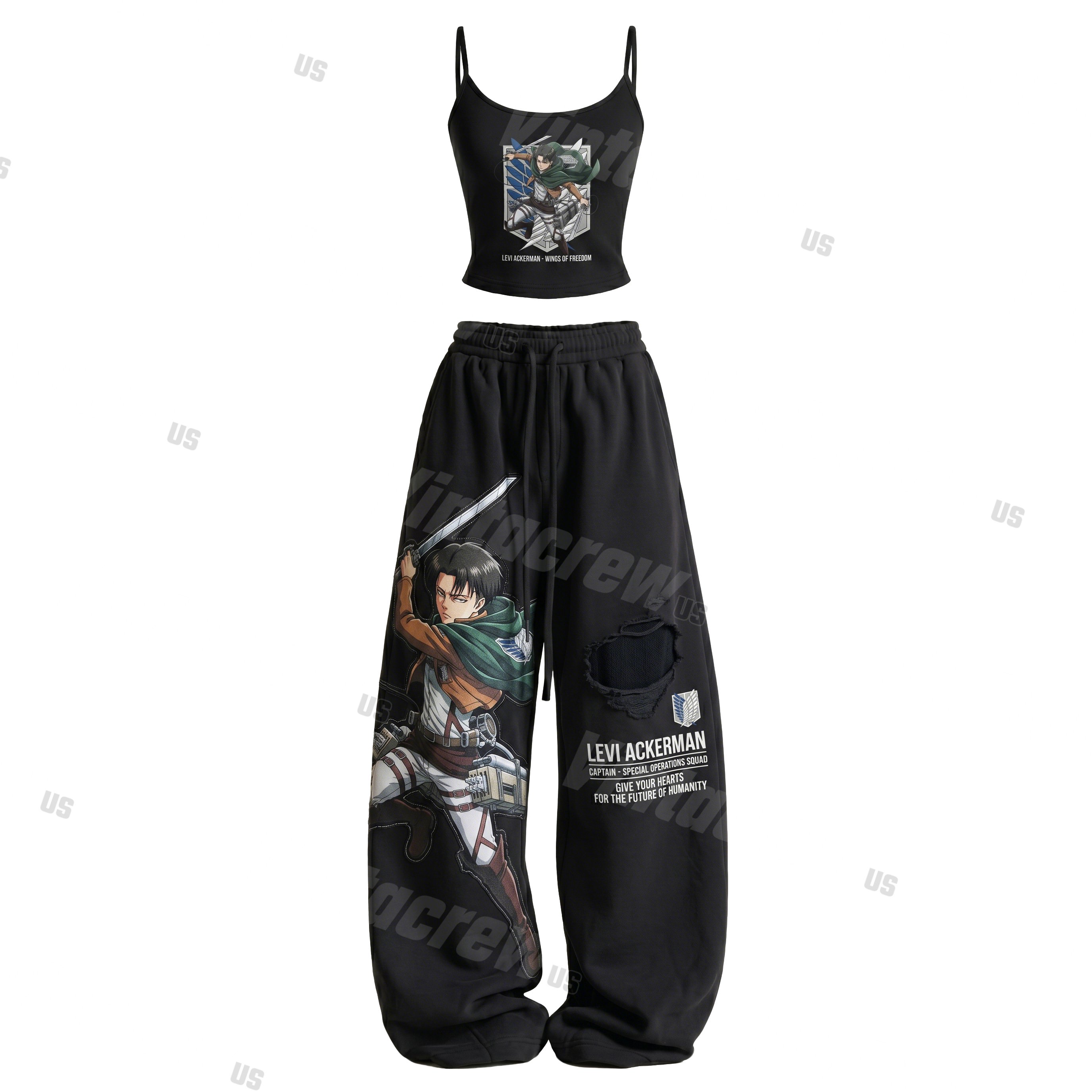 Strappy Top + Baggy Sweatpants Set: Stylish & Casual Anime-Print Outfit (Top Includes Built-in Bra Cups)