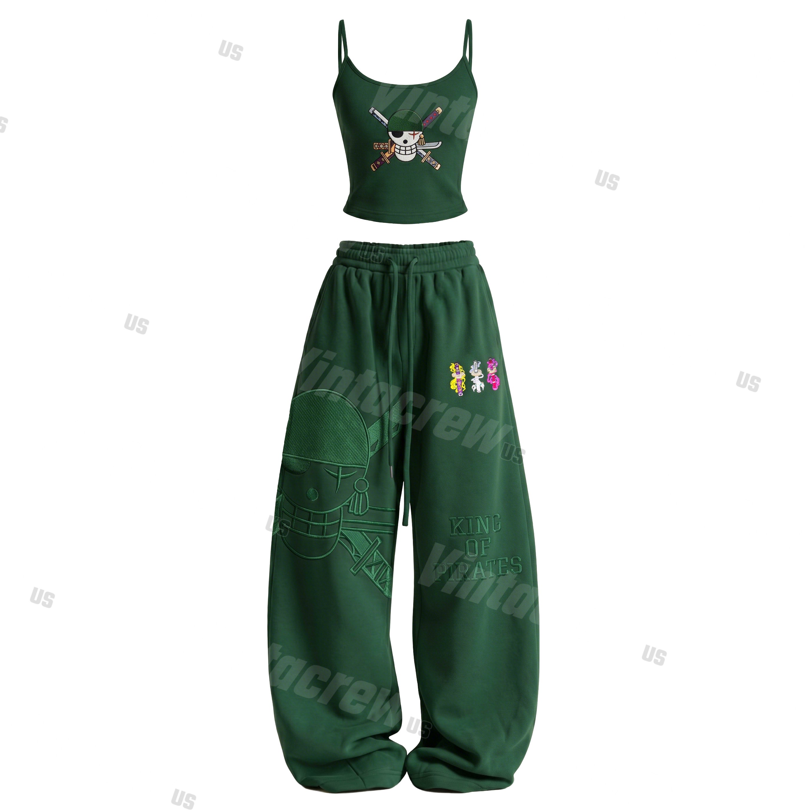 Strappy Top + Baggy Sweatpants Set: Stylish & Casual Anime-Print Outfit (Top Includes Built-in Bra Cups)