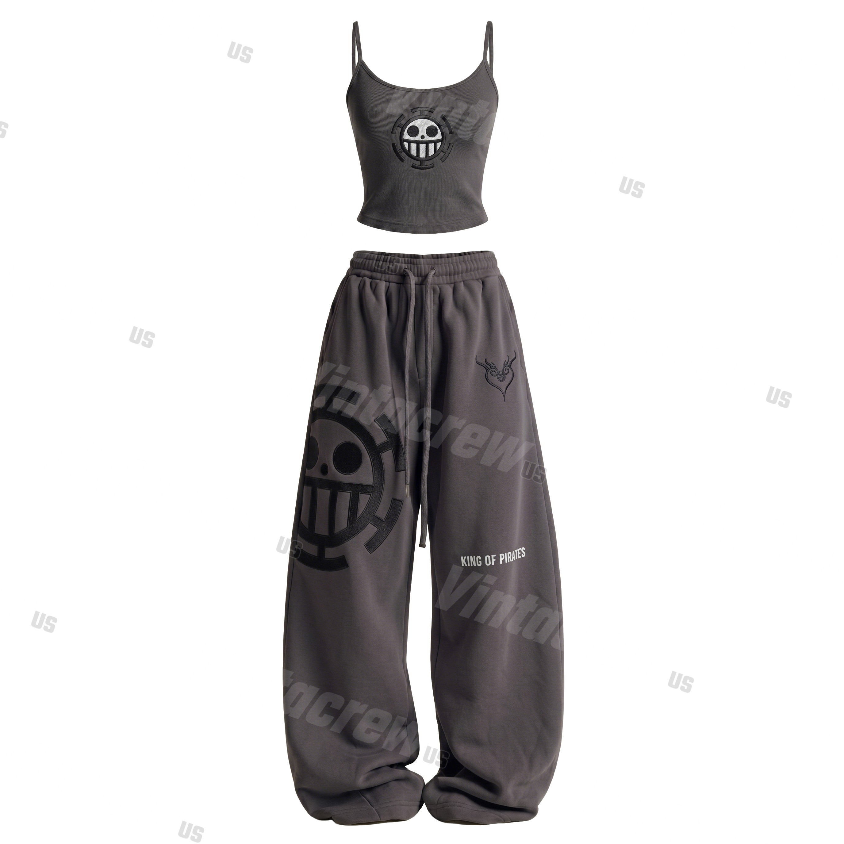 Strappy Top + Baggy Sweatpants Set: Stylish & Casual Anime-Print Outfit (Top Includes Built-in Bra Cups)