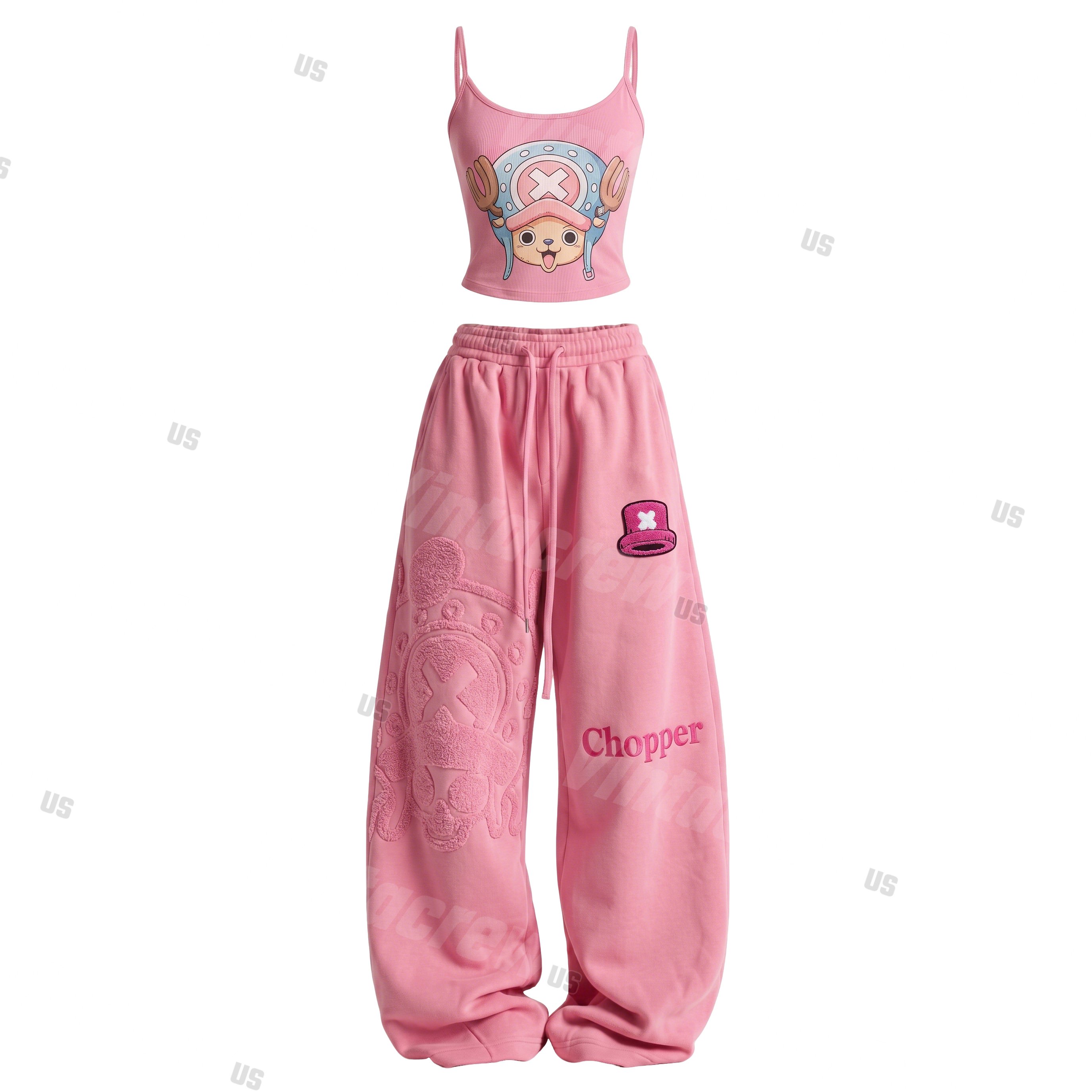 Strappy Top + Baggy Sweatpants Set: Stylish & Casual Anime-Print Outfit (Top Includes Built-in Bra Cups)
