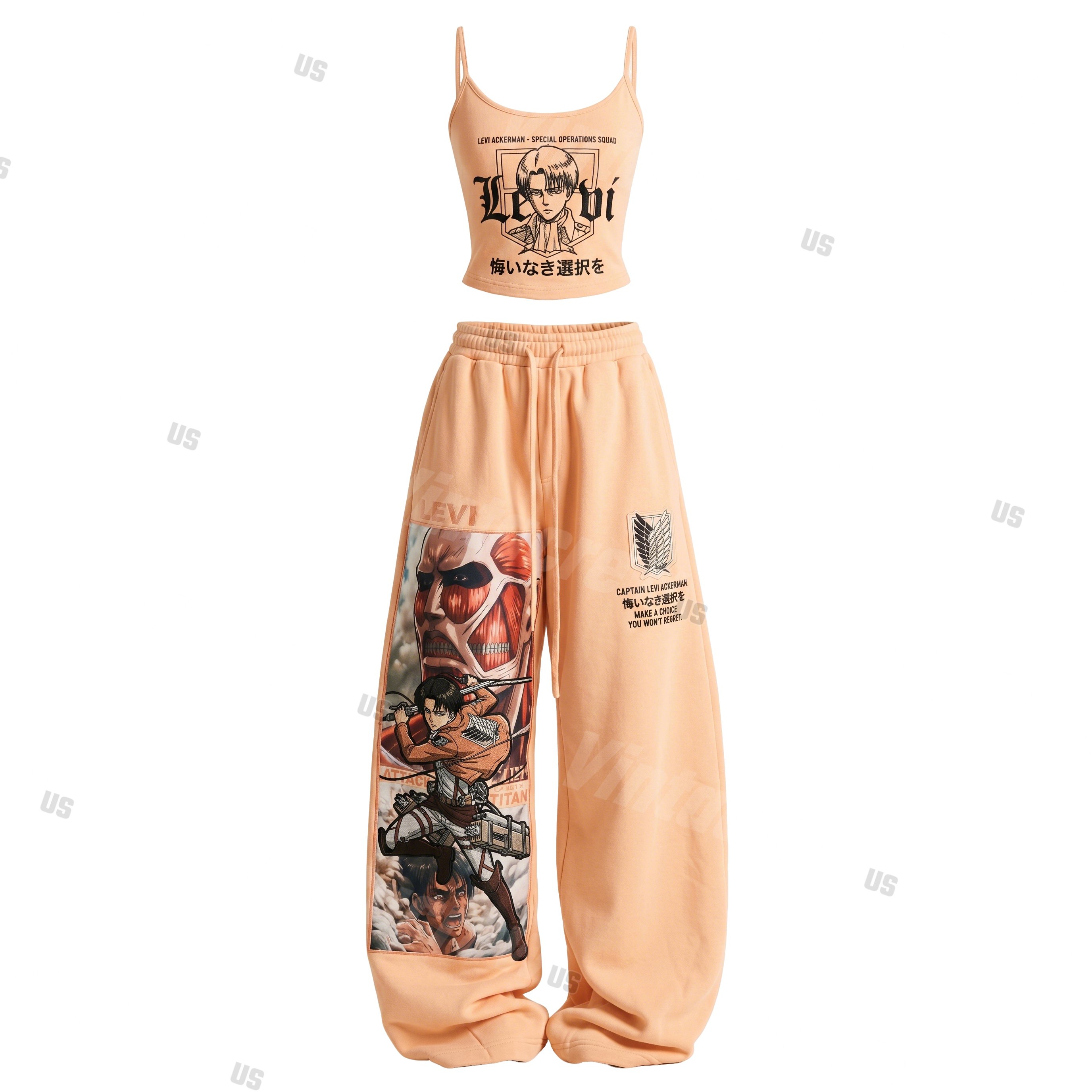 Strappy Top + Baggy Sweatpants Set: Stylish & Casual Anime-Print Outfit (Top Includes Built-in Bra Cups)