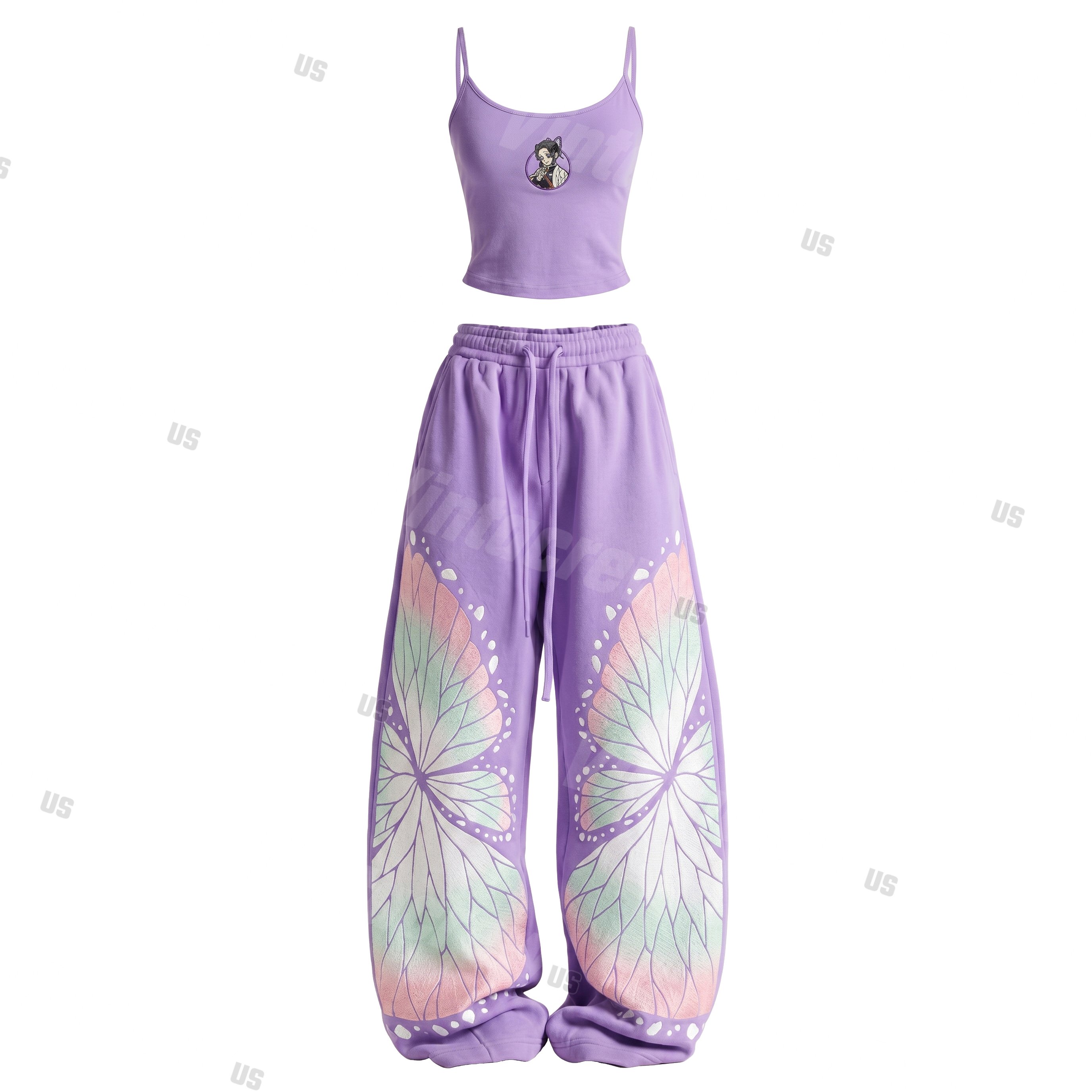 Strappy Top + Baggy Sweatpants Set: Stylish & Casual Anime-Print Outfit (Top Includes Built-in Bra Cups)