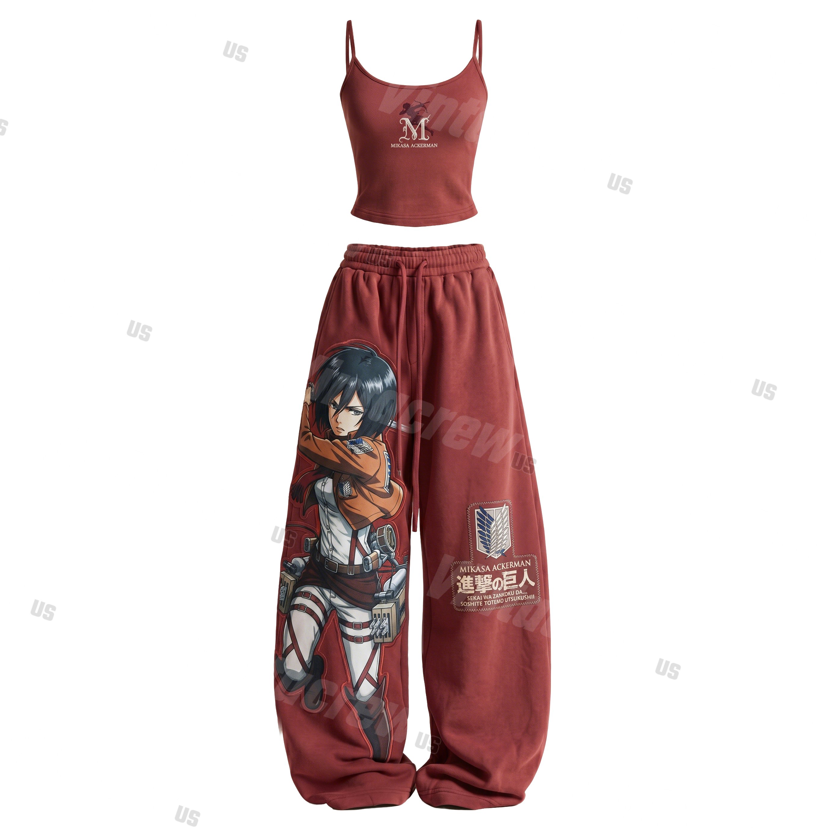 Strappy Top + Baggy Sweatpants Set: Stylish & Casual Anime-Print Outfit (Top Includes Built-in Bra Cups)