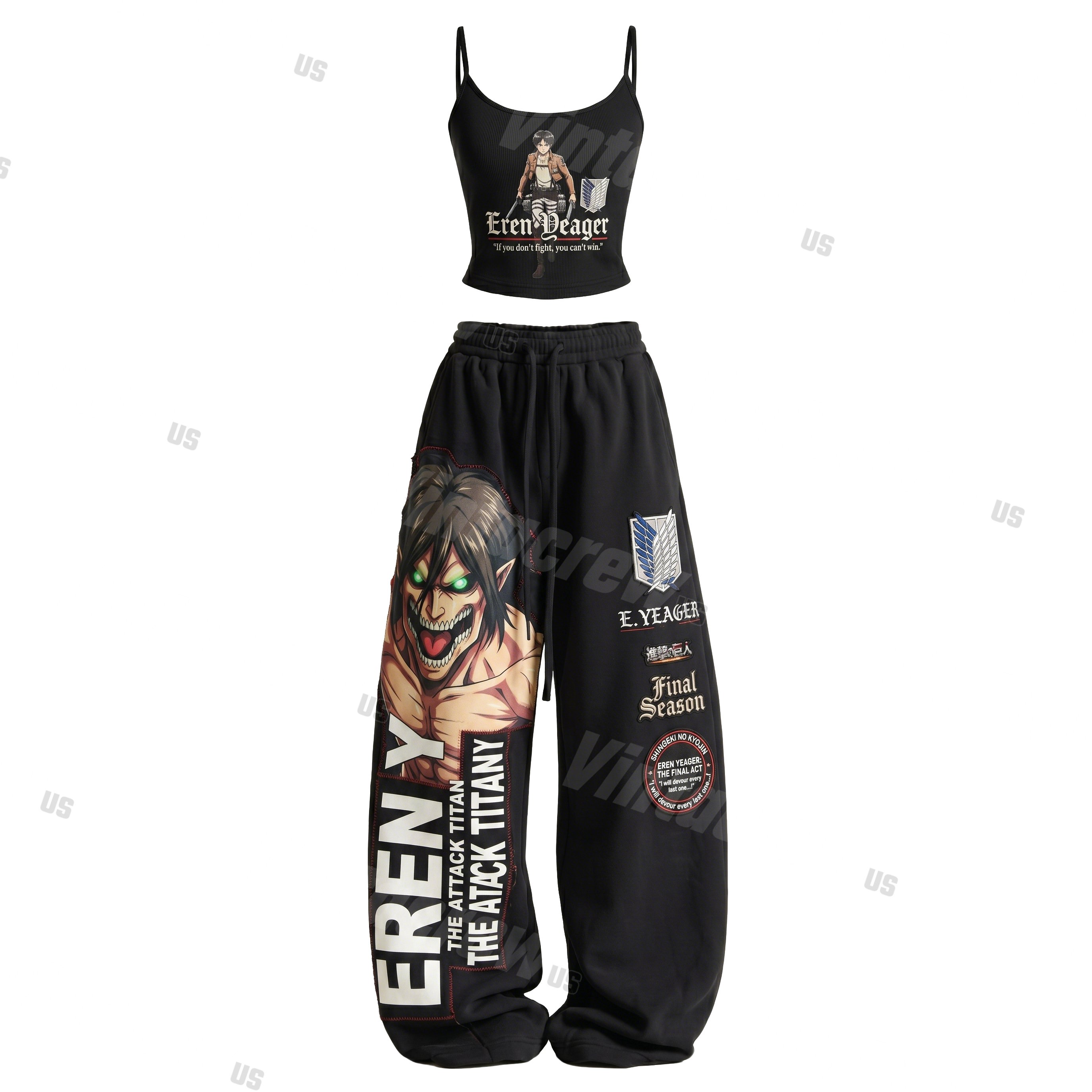 Strappy Top + Baggy Sweatpants Set: Stylish & Casual Anime-Print Outfit (Top Includes Built-in Bra Cups)