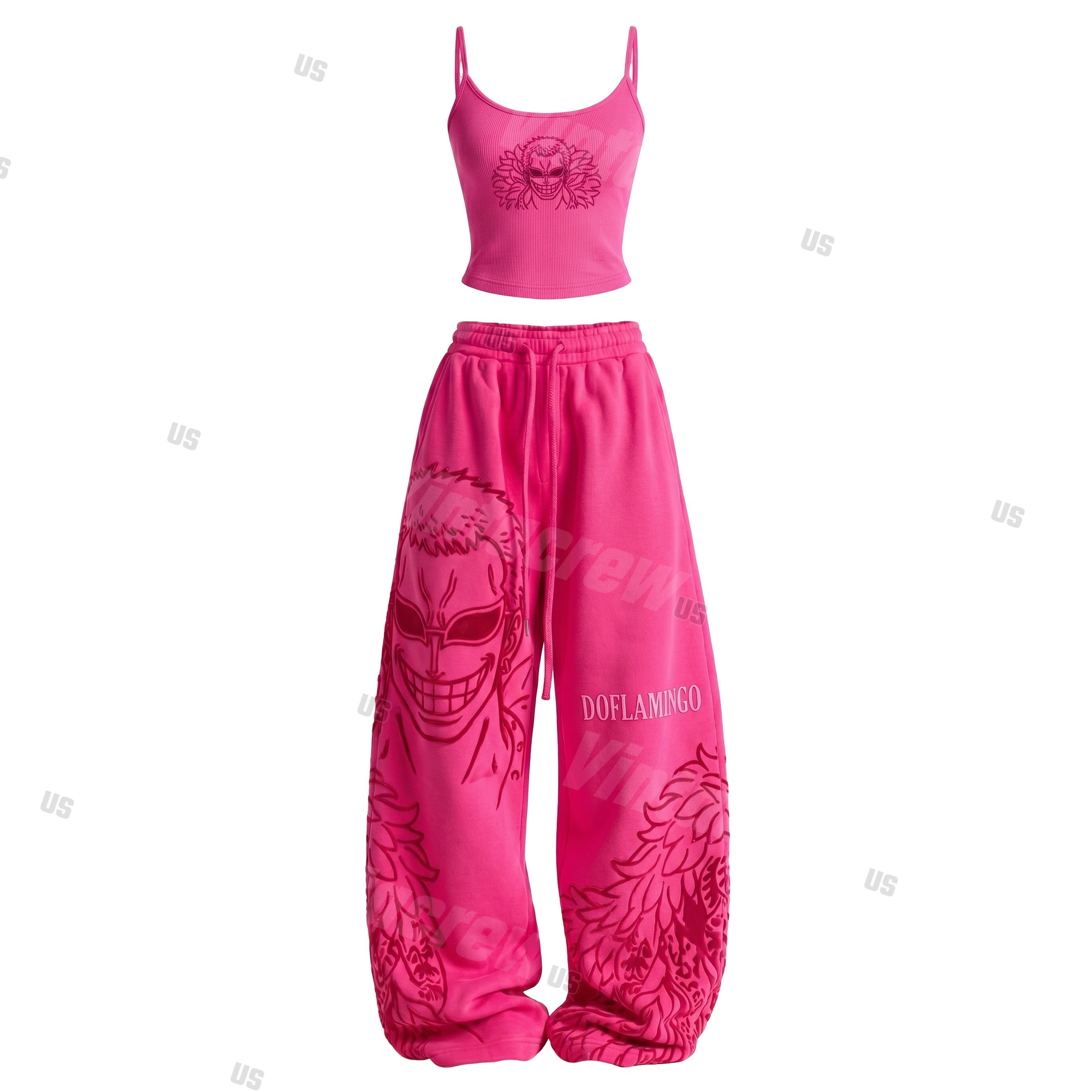 Strappy Top + Baggy Sweatpants Set: Stylish & Casual Anime-Print Outfit (Top Includes Built-in Bra Cups)