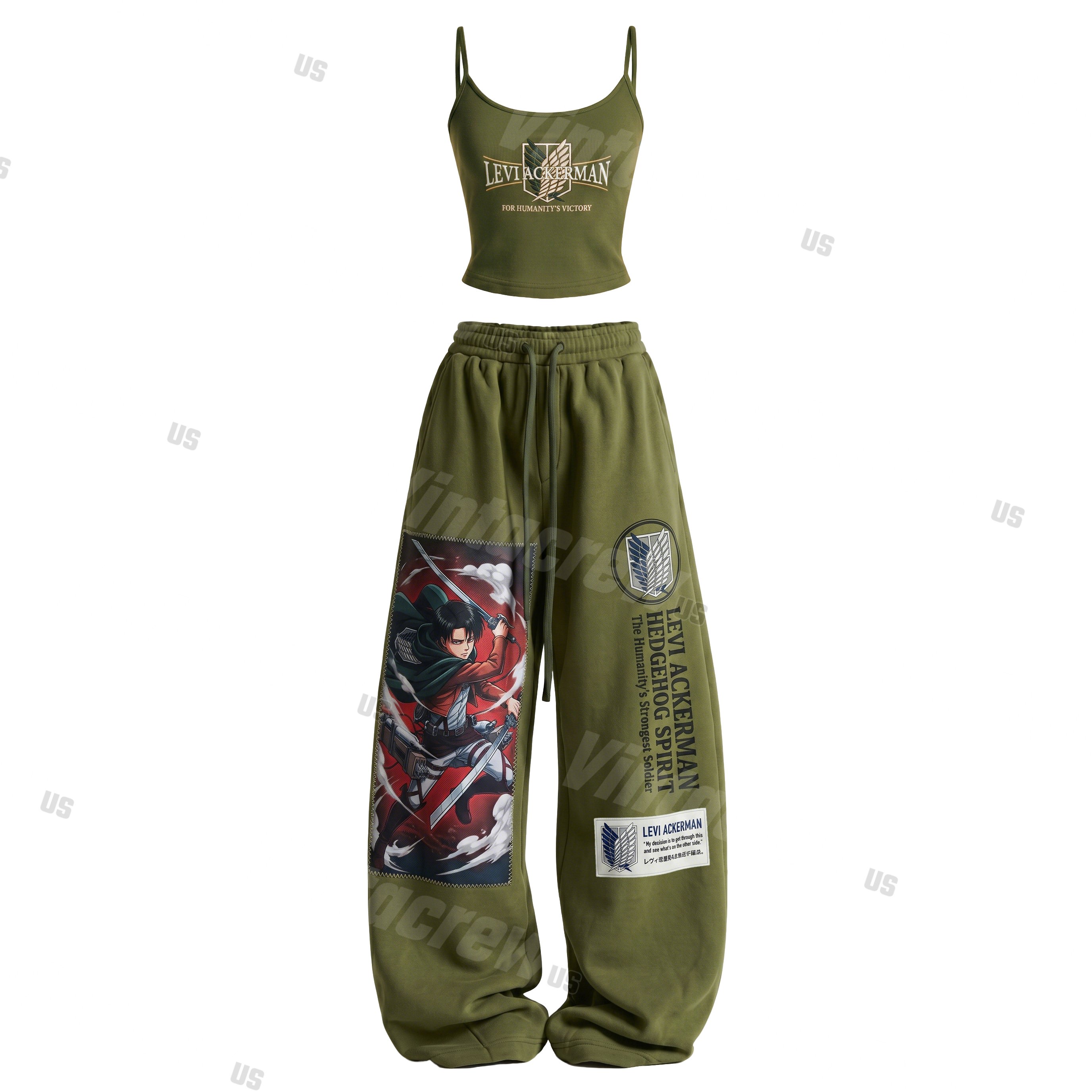 Strappy Top + Baggy Sweatpants Set: Stylish & Casual Anime-Print Outfit (Top Includes Built-in Bra Cups)