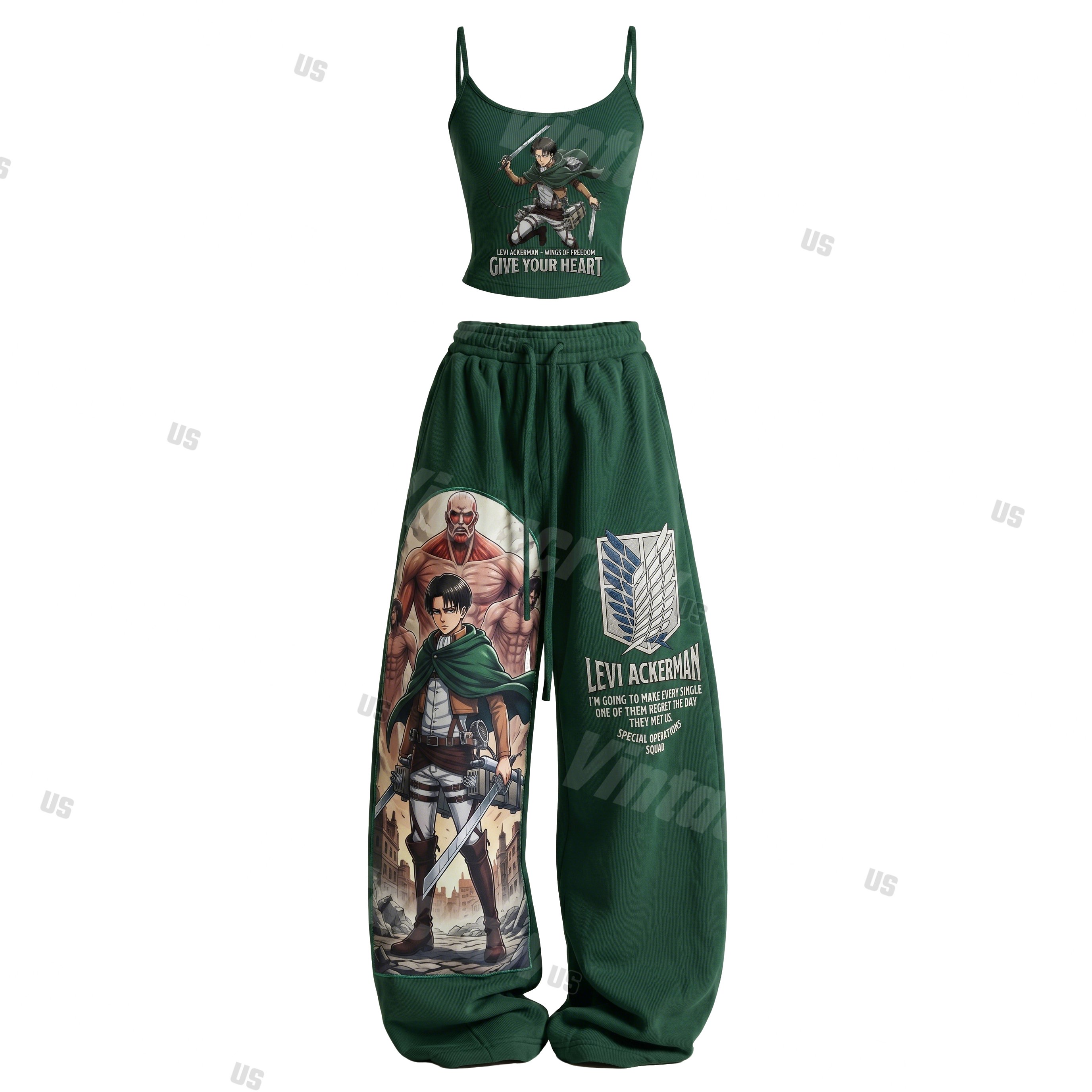 Strappy Top + Baggy Sweatpants Set: Stylish & Casual Anime-Print Outfit (Top Includes Built-in Bra Cups)