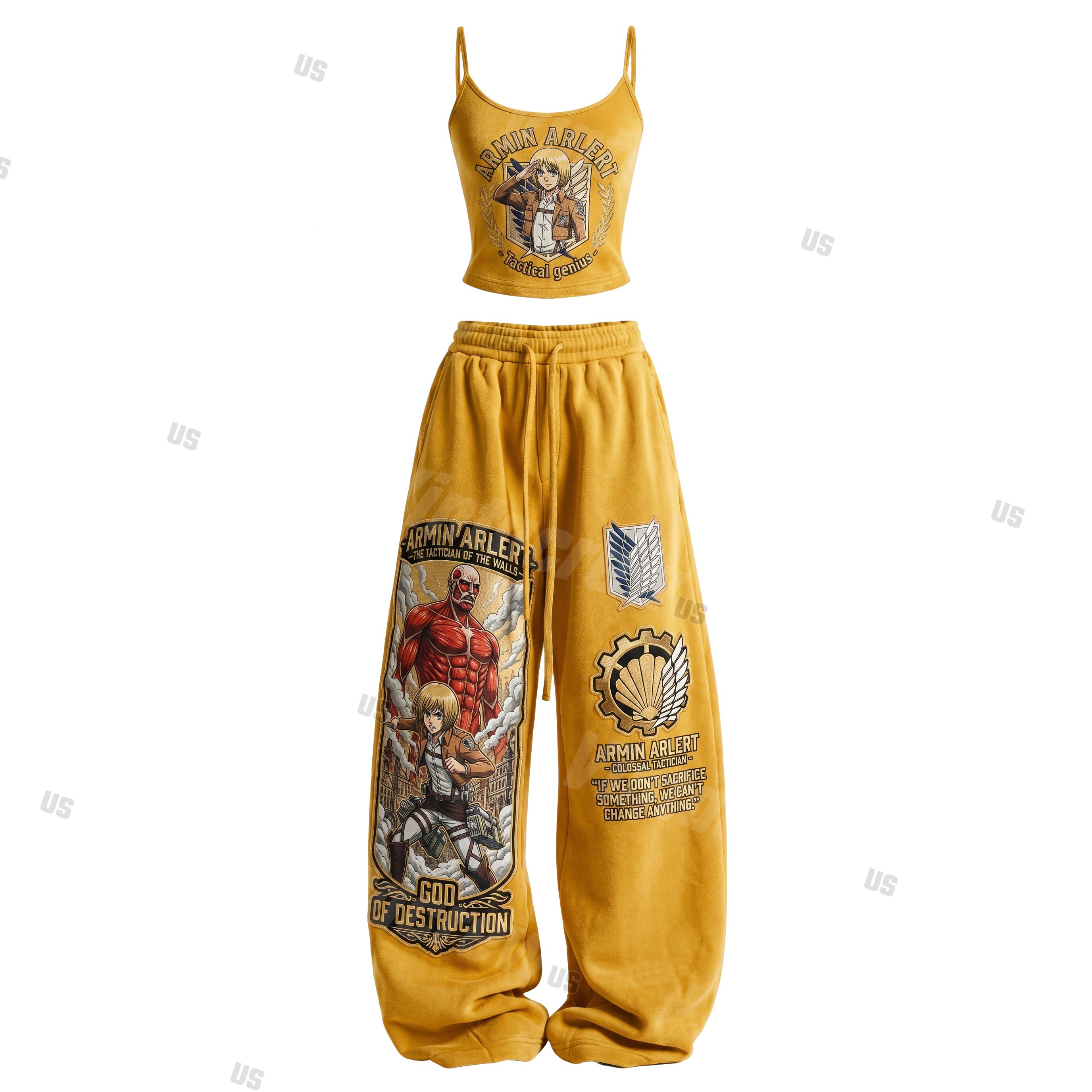 Strappy Top + Baggy Sweatpants Set: Stylish & Casual Anime-Print Outfit (Top Includes Built-in Bra Cups)