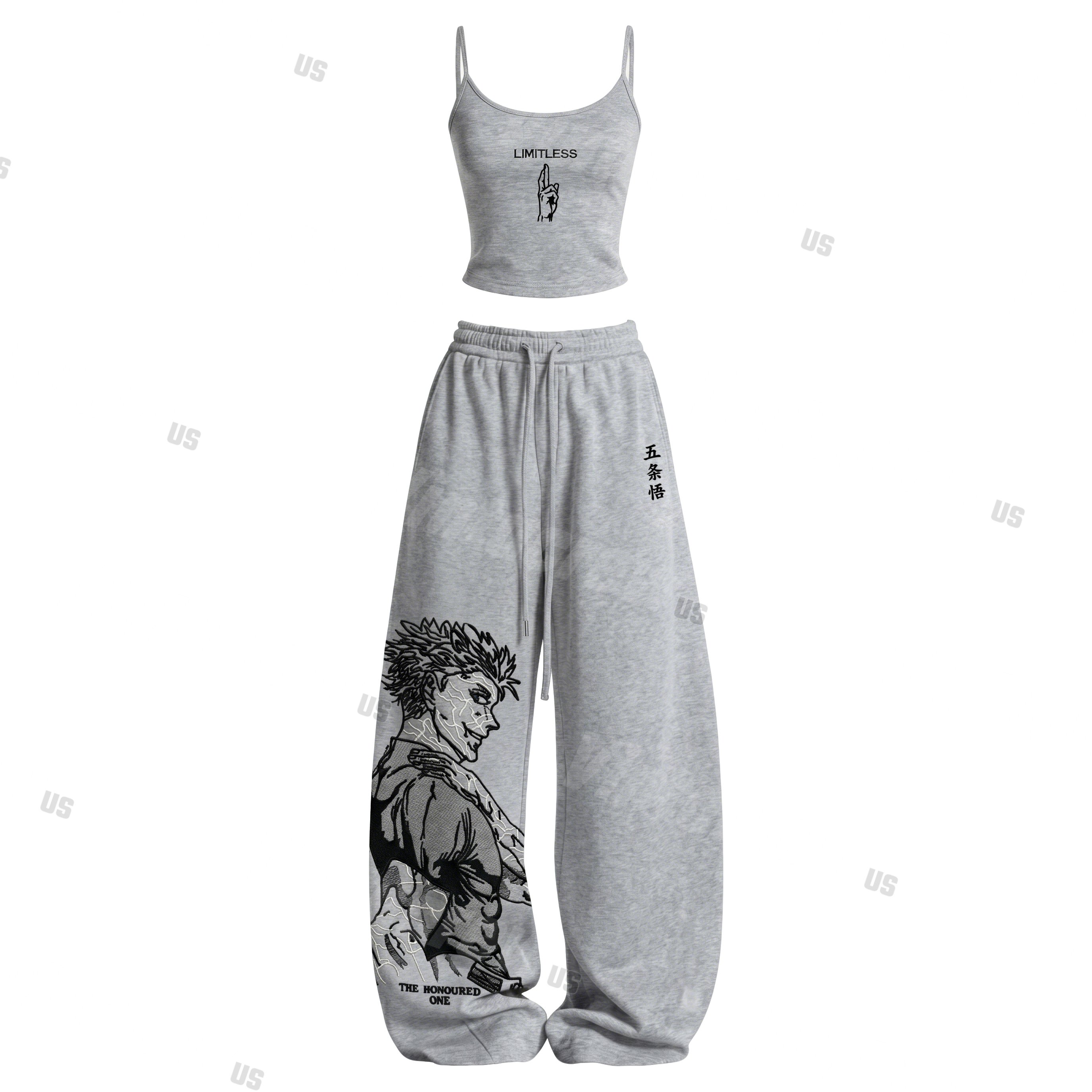 Strappy Top + Baggy Sweatpants Set: Stylish & Casual Anime-Print Outfit (Top Includes Built-in Bra Cups)