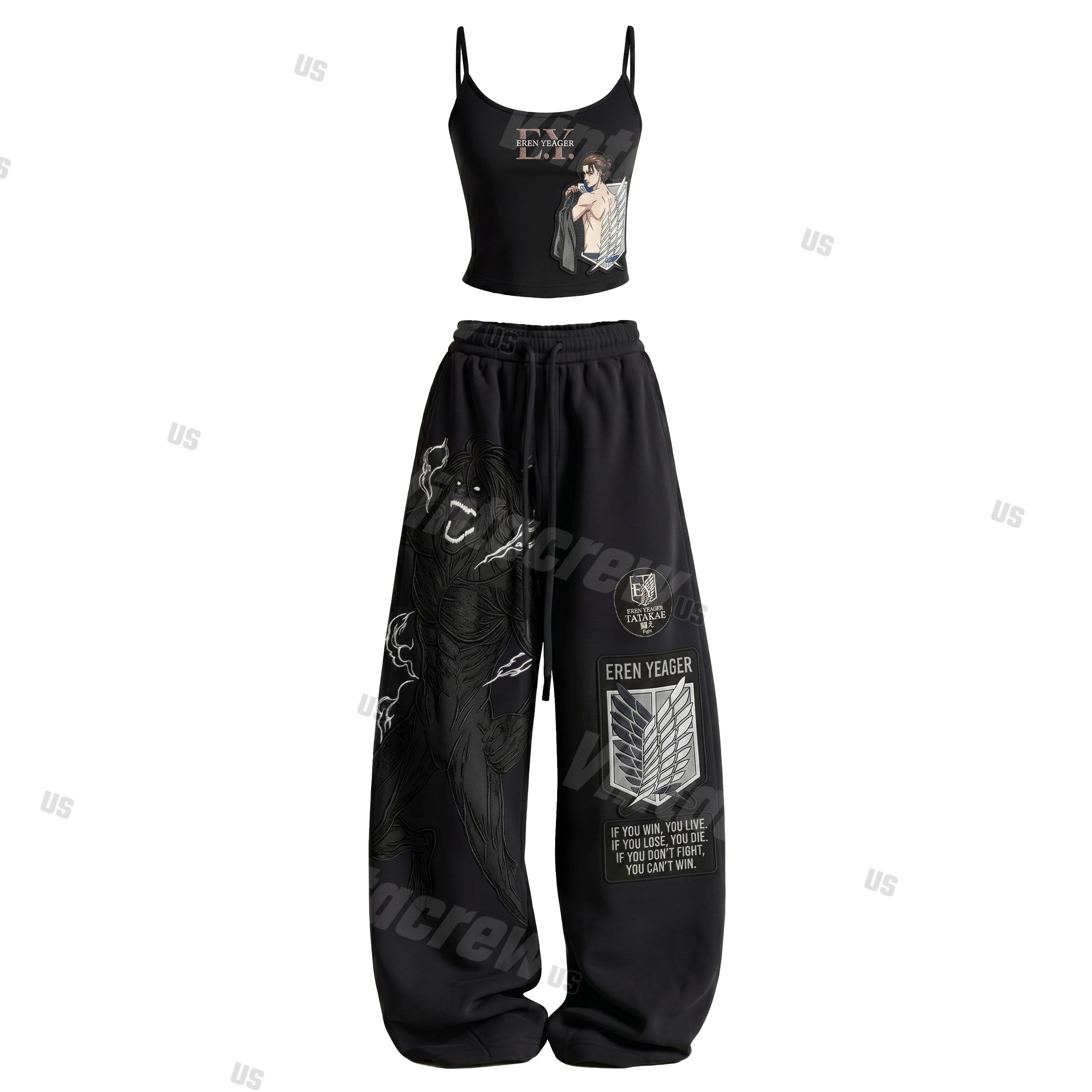 Strappy Top + Baggy Sweatpants Set: Stylish & Casual Anime-Print Outfit (Top Includes Built-in Bra Cups)