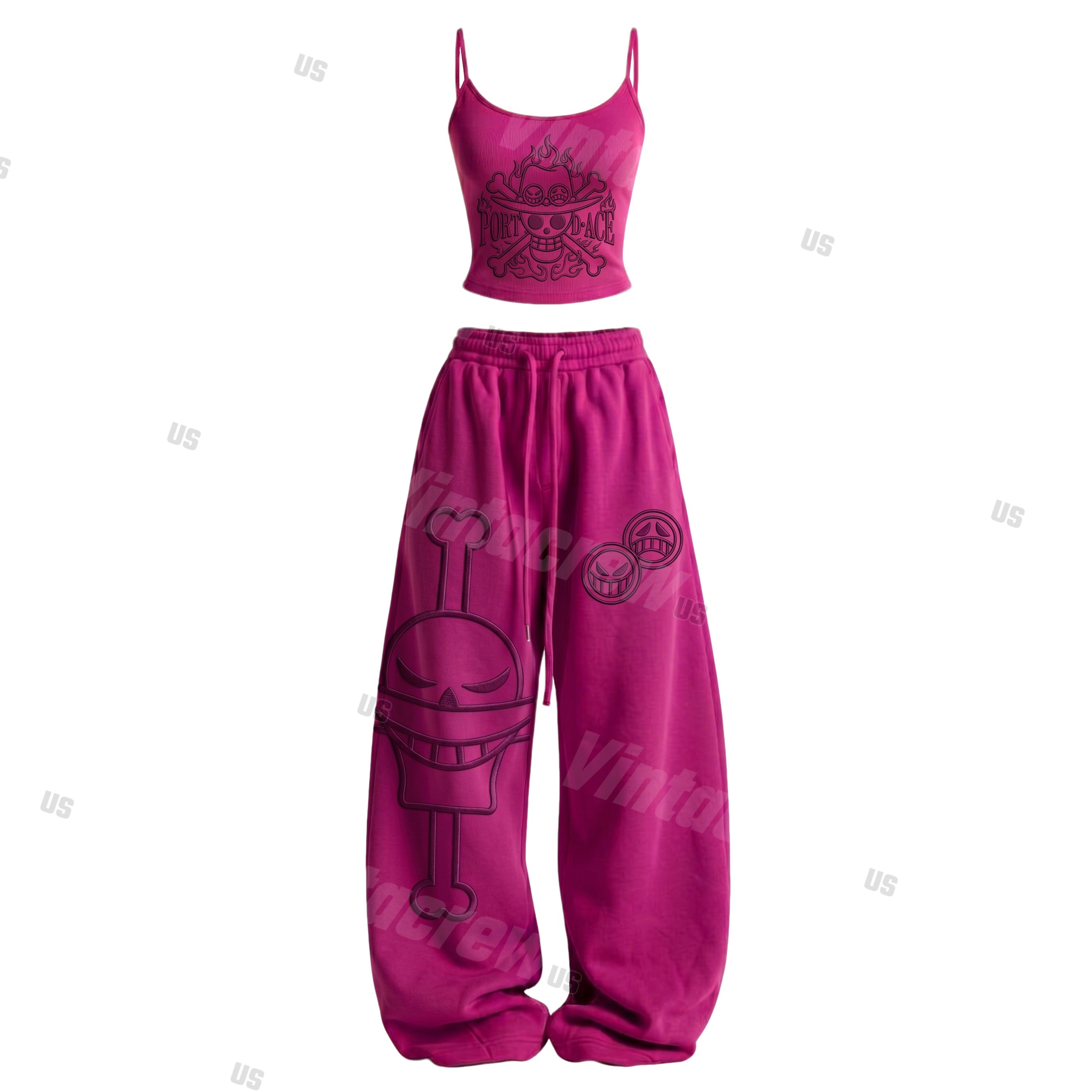 Strappy Top + Baggy Sweatpants Set: Stylish & Casual Anime-Print Outfit (Top Includes Built-in Padding)