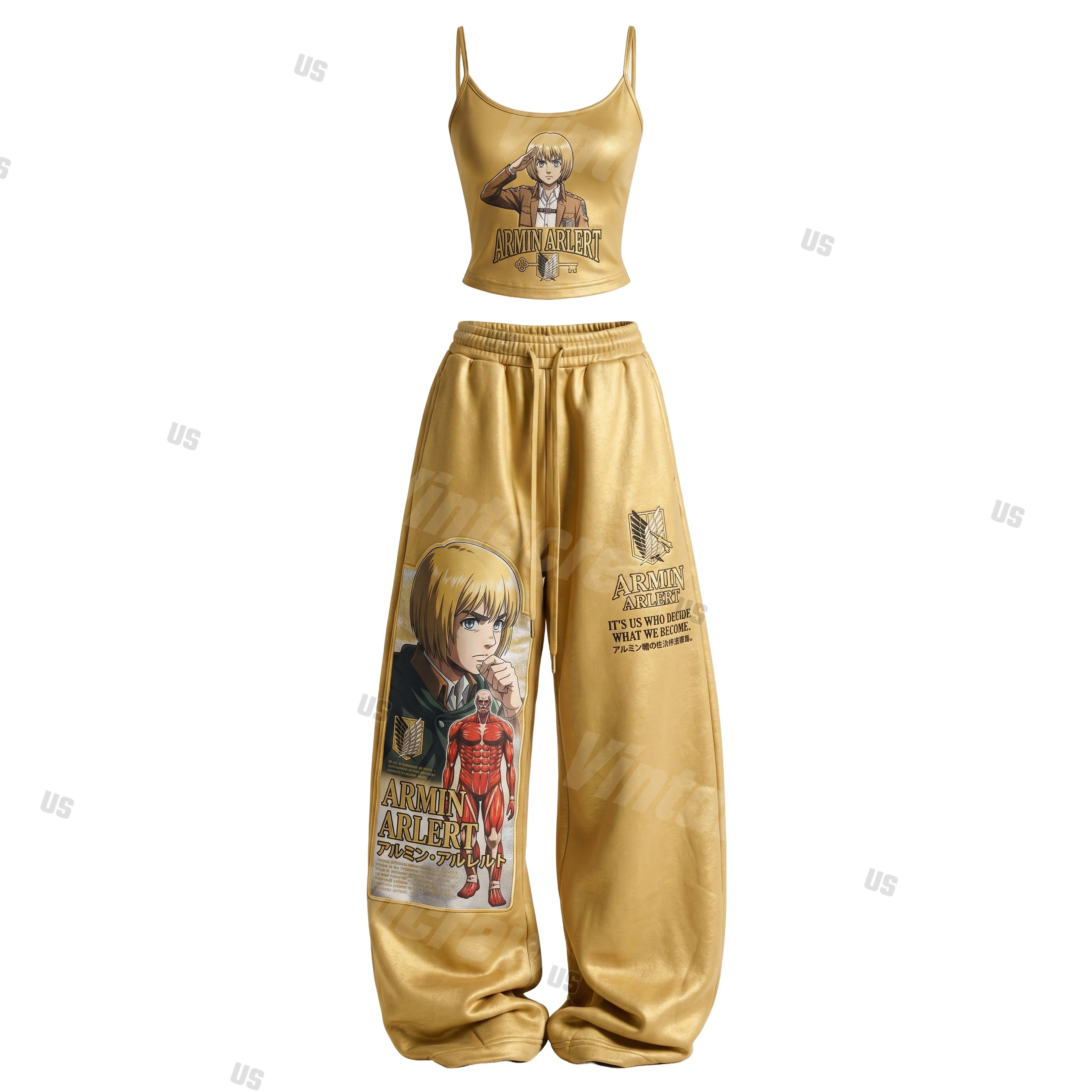 Strappy Top + Baggy Sweatpants Set: Stylish & Casual Anime-Print Outfit (Top Includes Built-in Bra Cups)