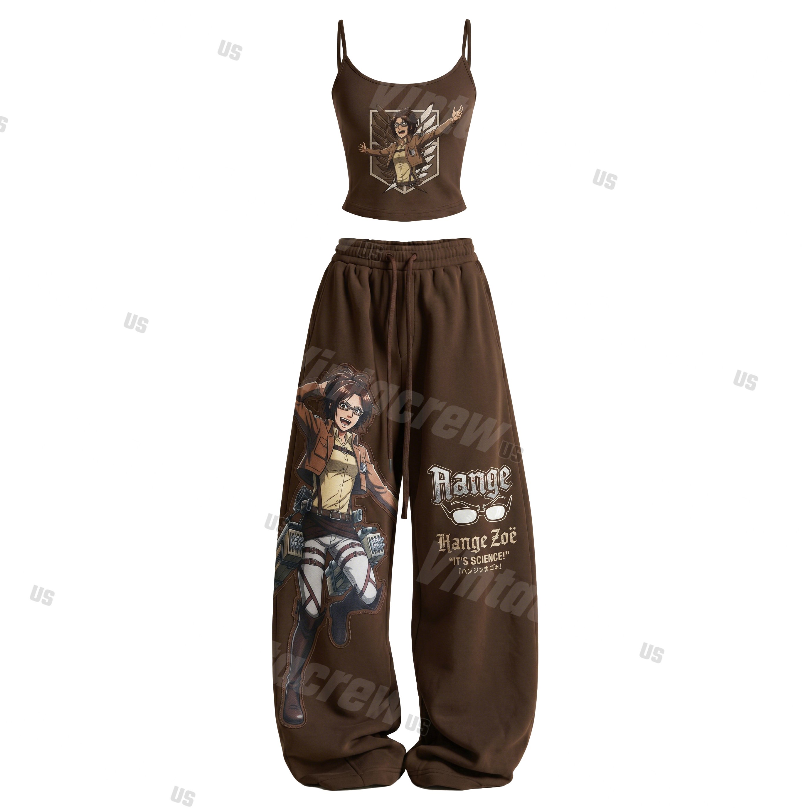 Strappy Top + Baggy Sweatpants Set: Stylish & Casual Anime-Print Outfit (Top Includes Built-in Bra Cups)