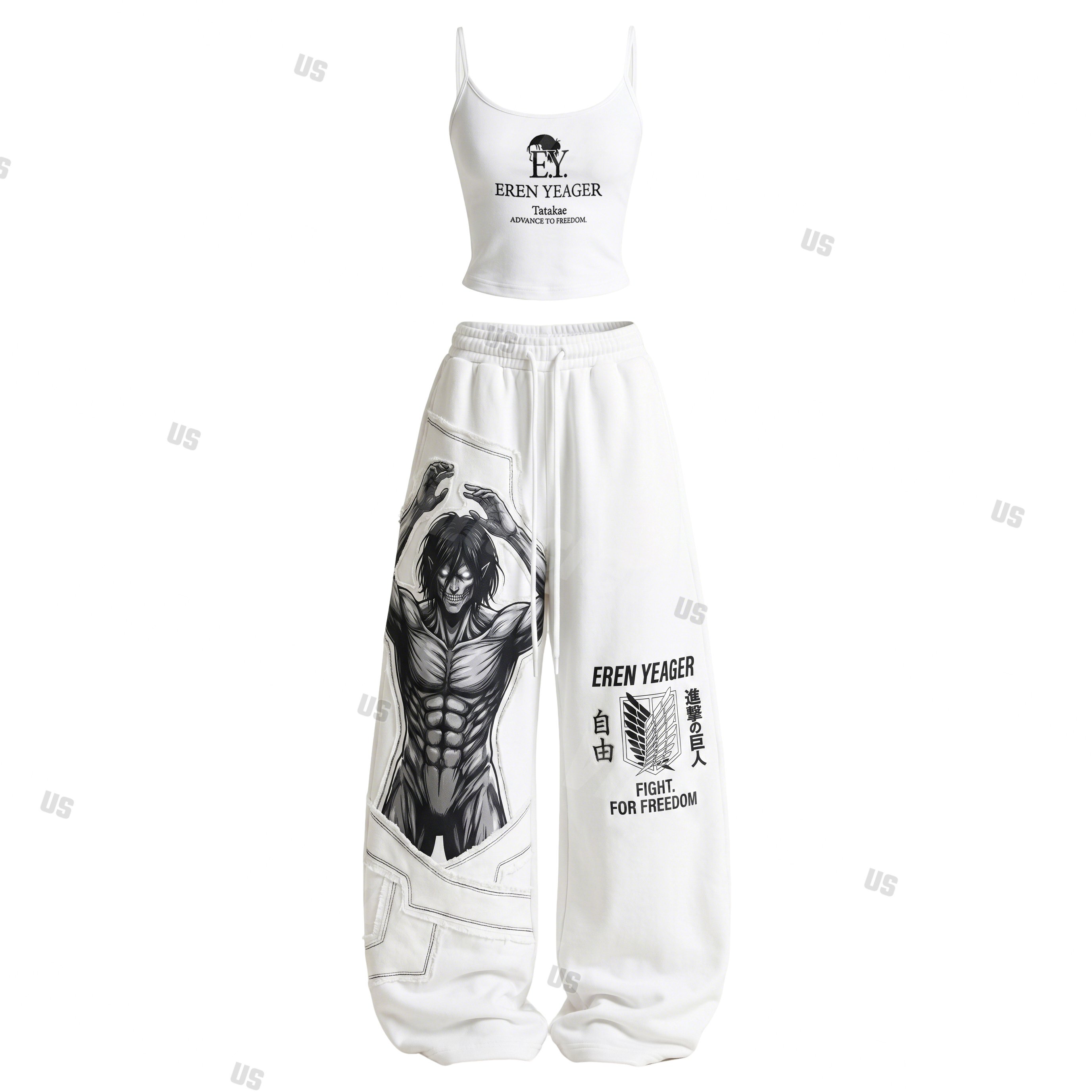 Strappy Top + Baggy Sweatpants Set: Stylish & Casual Anime-Print Outfit (Top Includes Built-in Bra Cups)