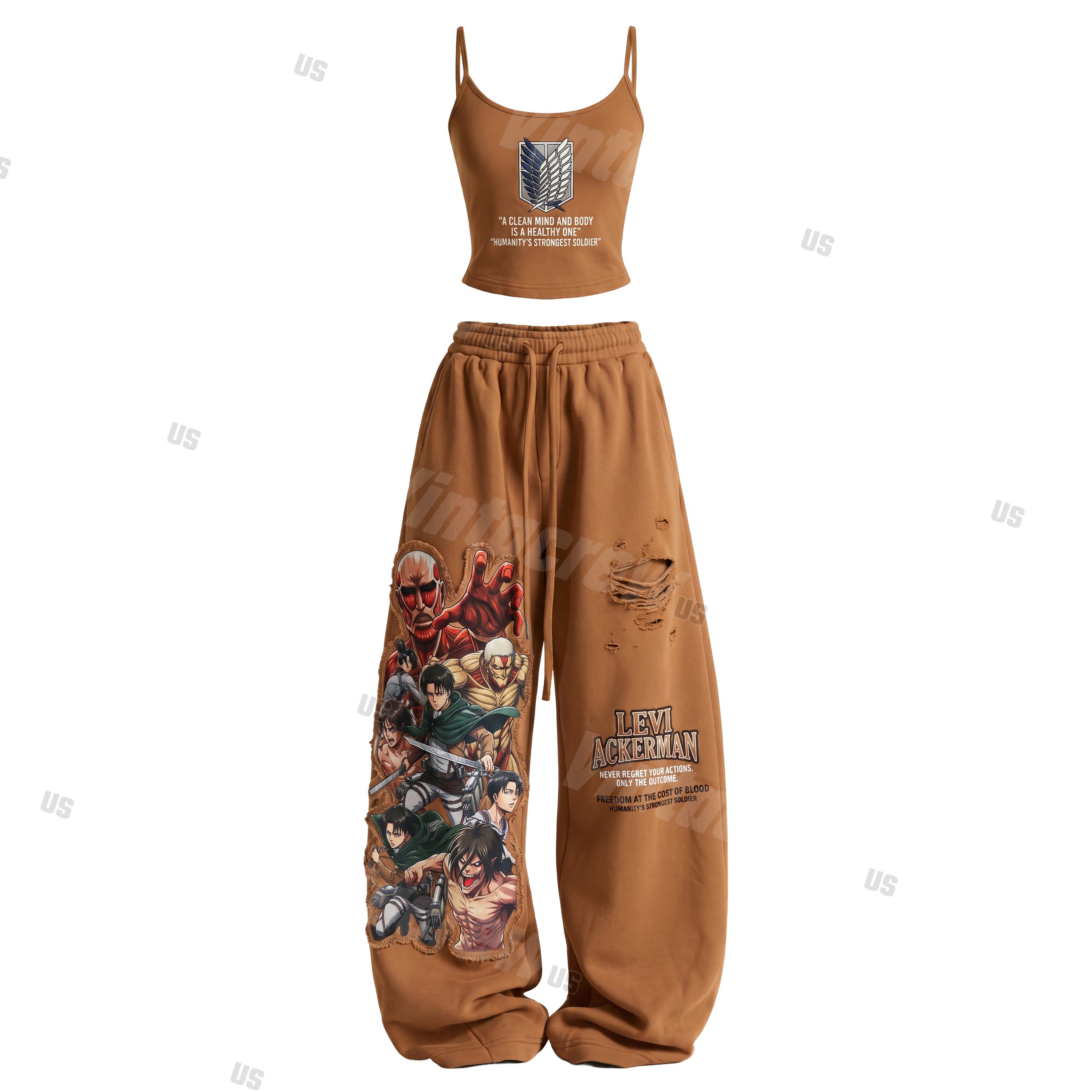 Strappy Top + Baggy Sweatpants Set: Stylish & Casual Anime-Print Outfit (Top Includes Built-in Bra Cups)
