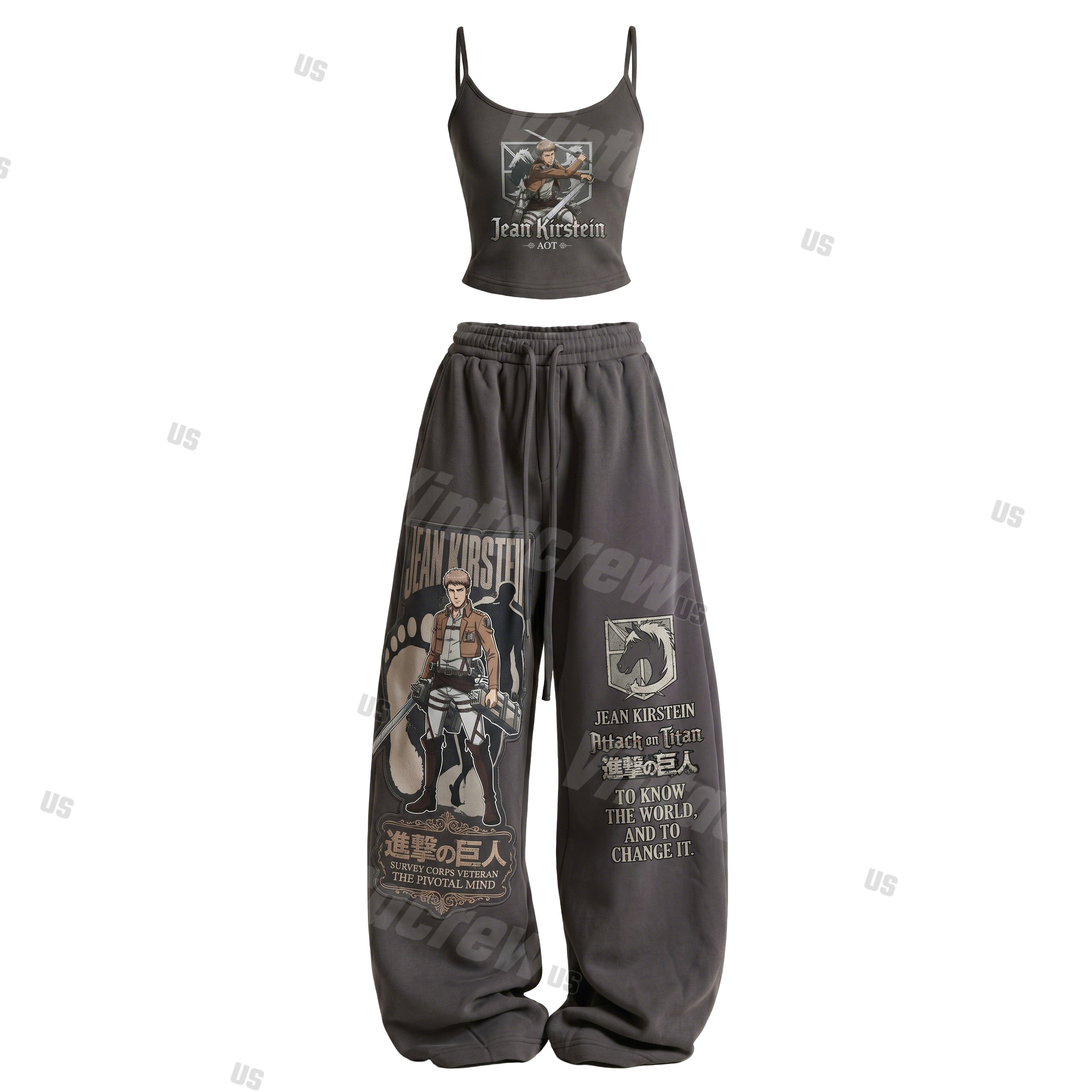 Strappy Top + Baggy Sweatpants Set: Stylish & Casual Anime-Print Outfit (Top Includes Built-in Bra Cups)