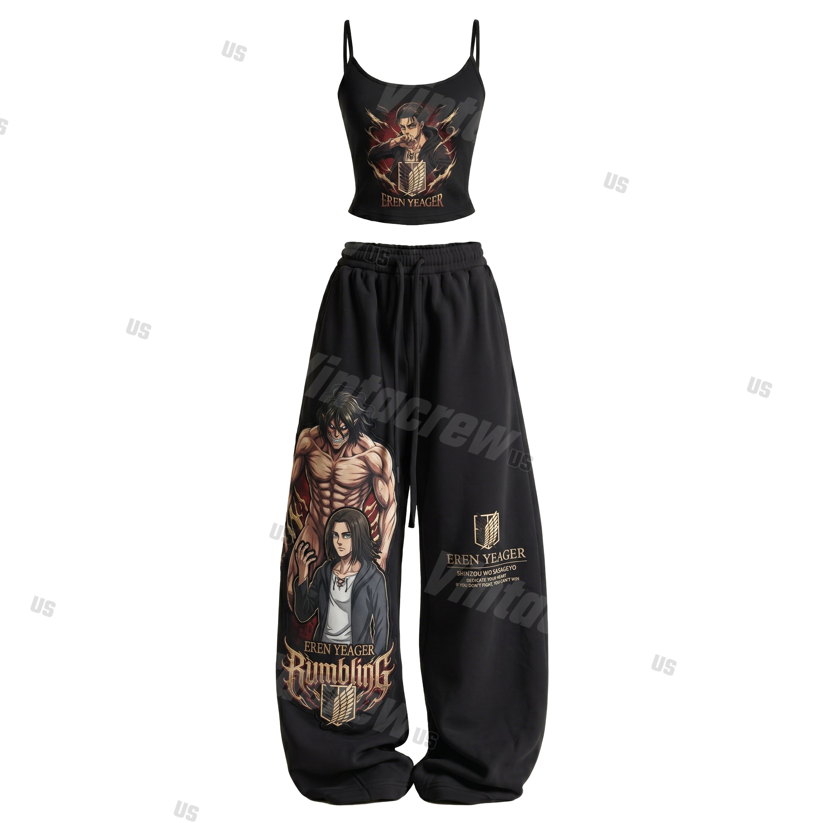 Strappy Top + Baggy Sweatpants Set: Stylish & Casual Anime-Print Outfit (Top Includes Built-in Bra Cups)