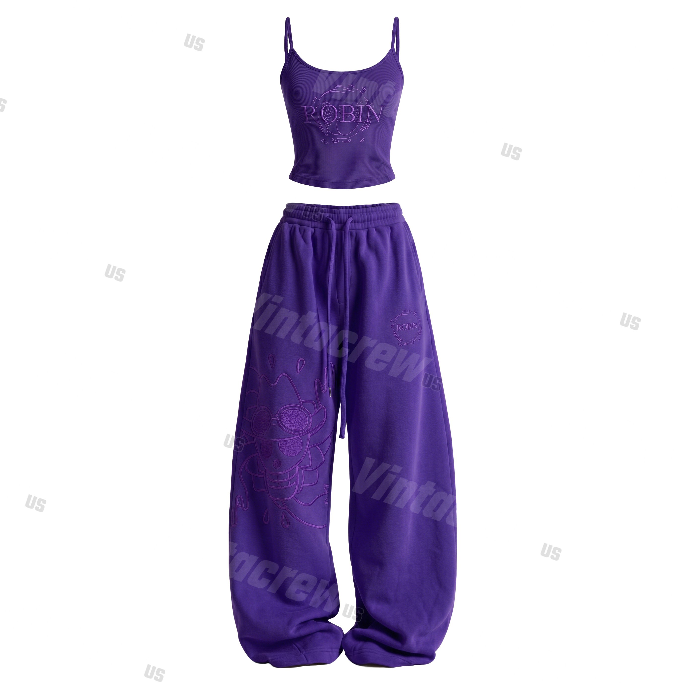 Strappy Top + Baggy Sweatpants Set: Stylish & Casual Anime-Print Outfit (Top Includes Built-in Bra Cups)