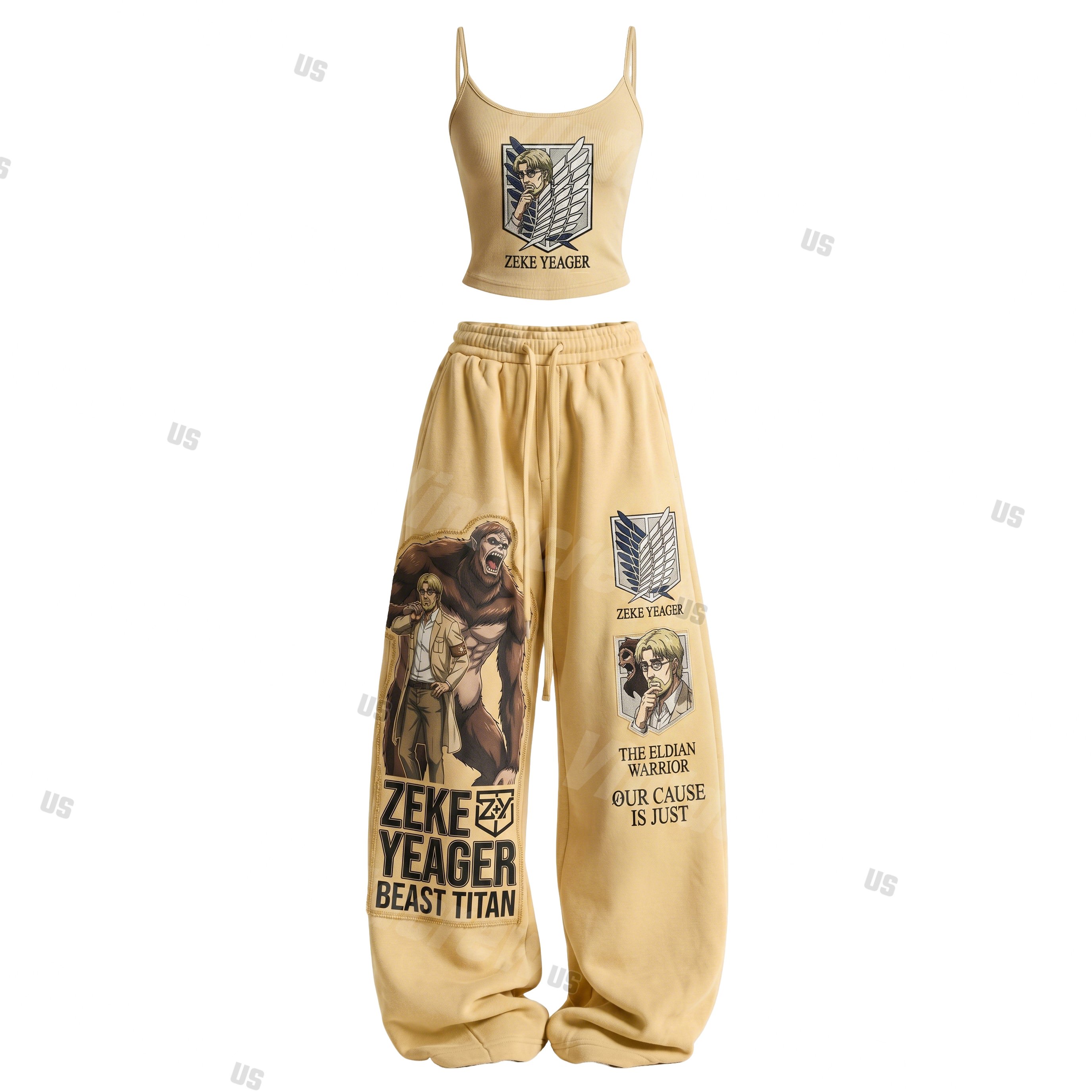 Strappy Top + Baggy Sweatpants Set: Stylish & Casual Anime-Print Outfit (Top Includes Built-in Bra Cups)