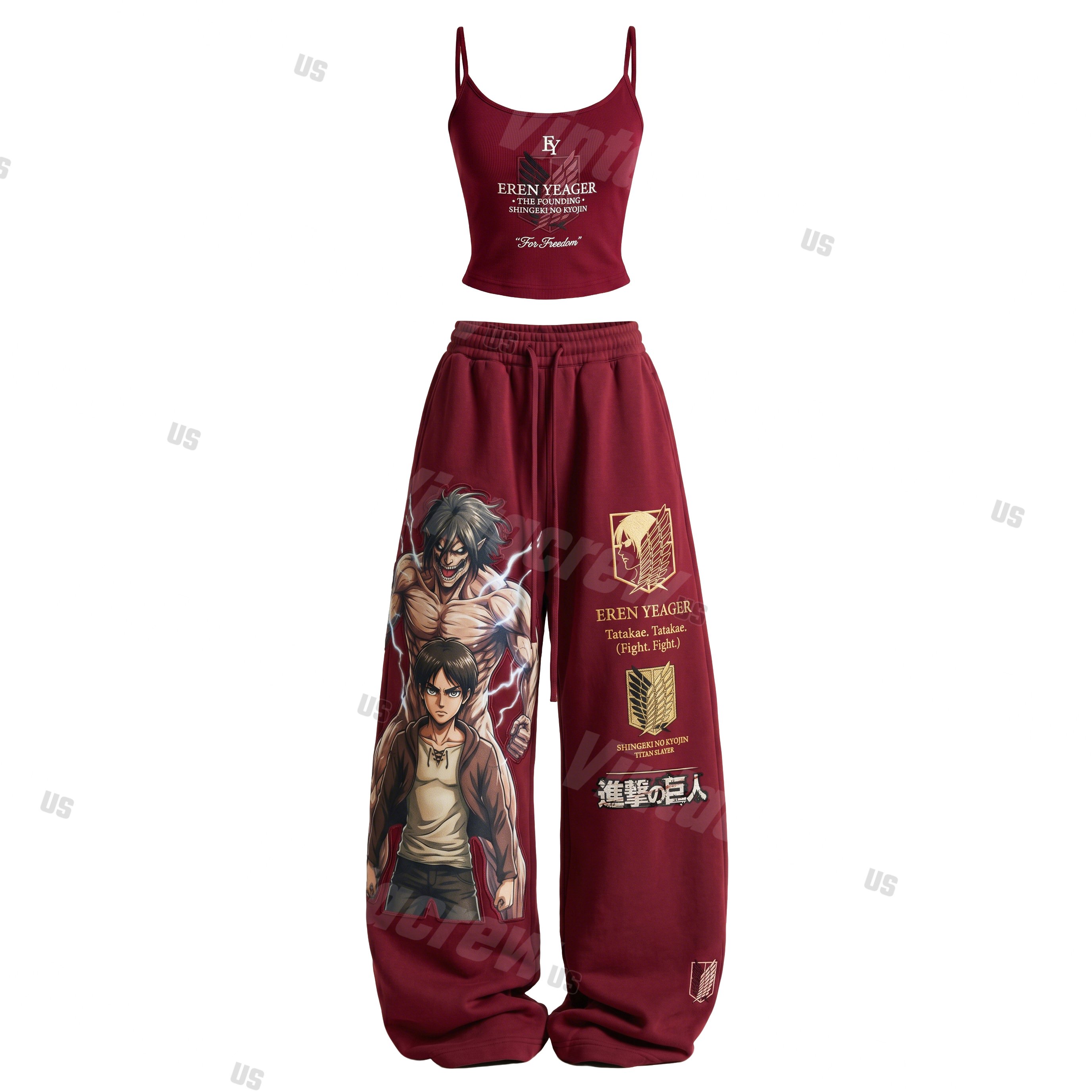 Strappy Top + Baggy Sweatpants Set: Stylish & Casual Anime-Print Outfit (Top Includes Built-in Bra Cups)