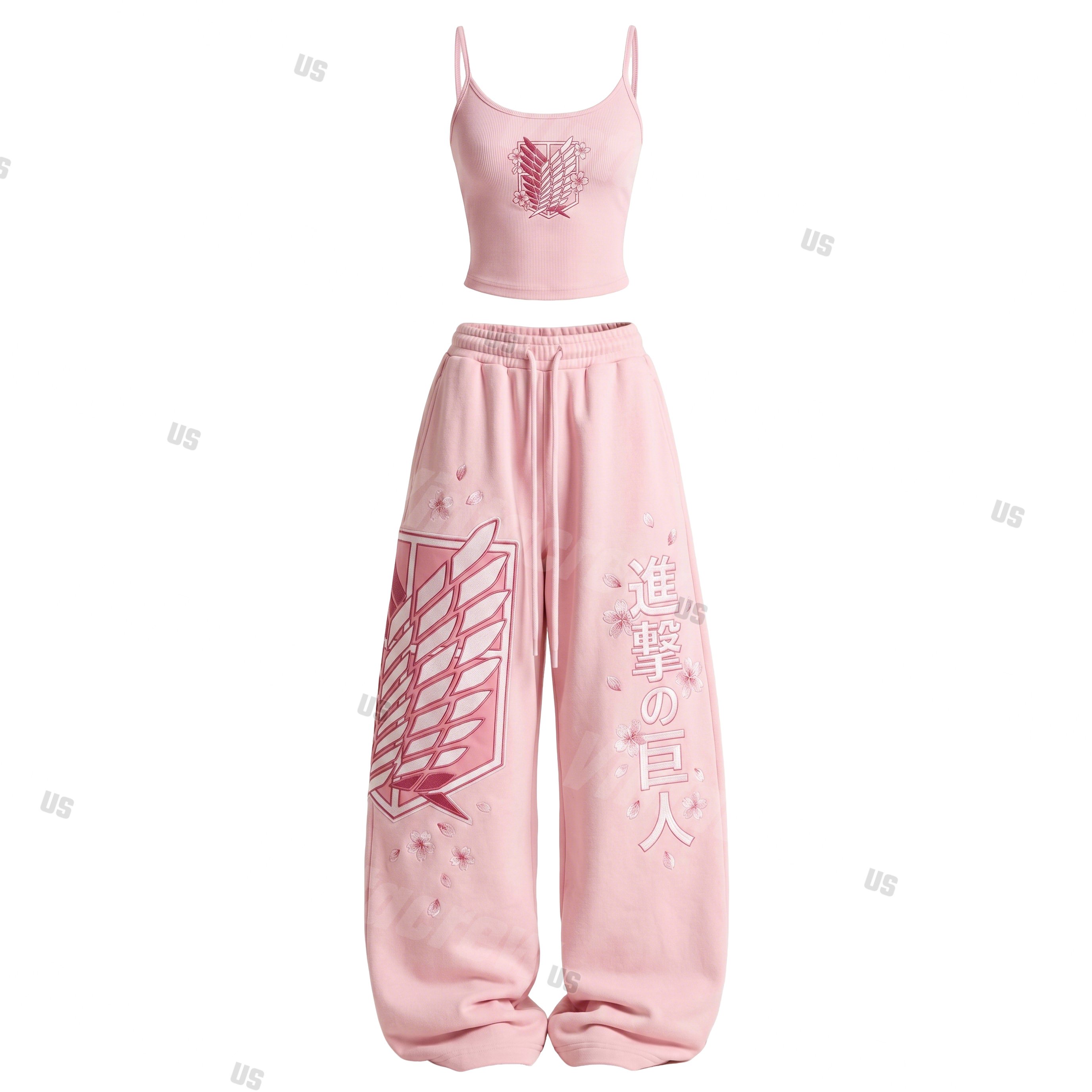Strappy Top + Baggy Sweatpants Set: Stylish & Casual Anime-Print Outfit (Top Includes Built-in Bra Cups)