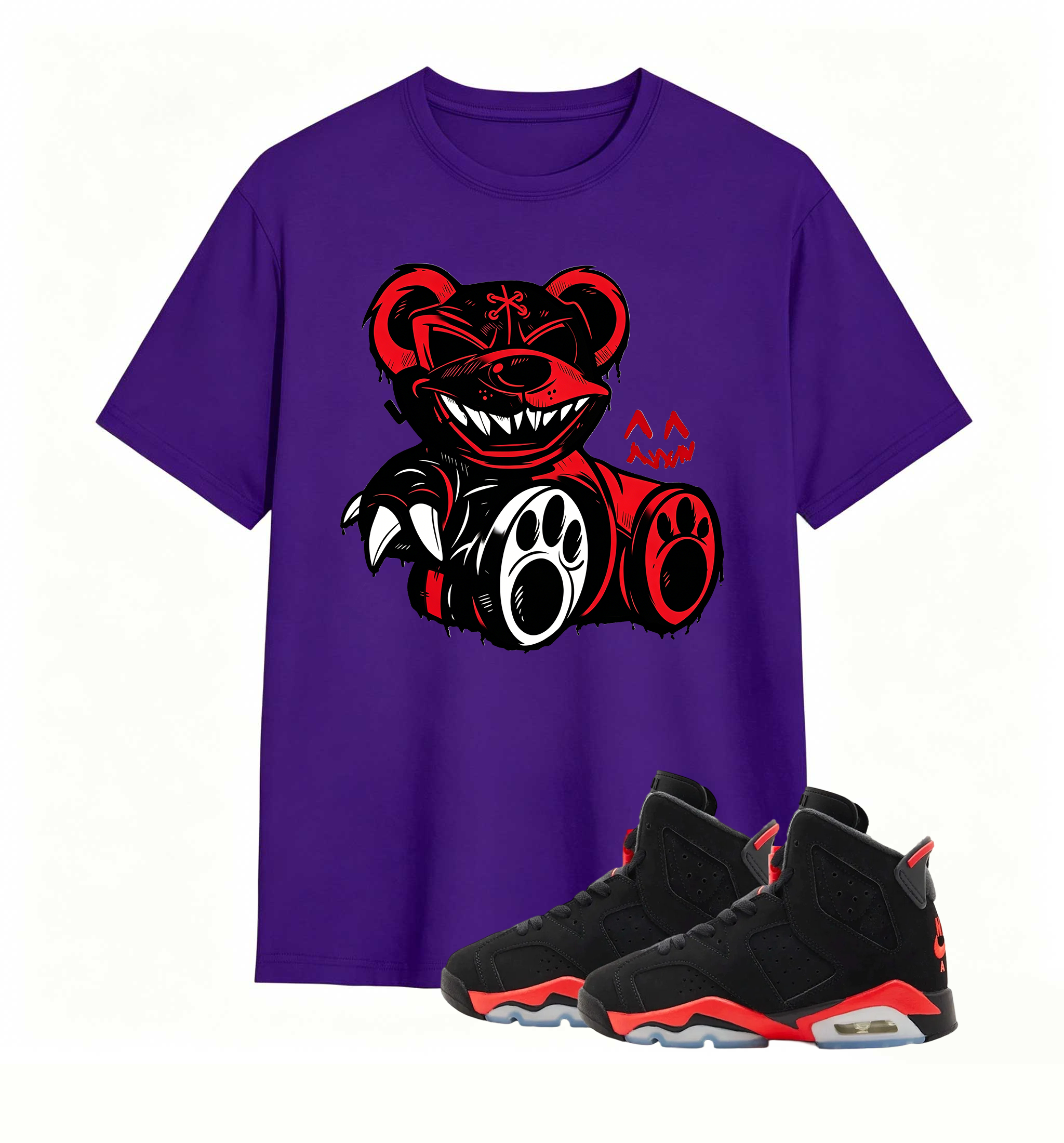 Red-accent bear graphic tee, elevates my AJ6 fit