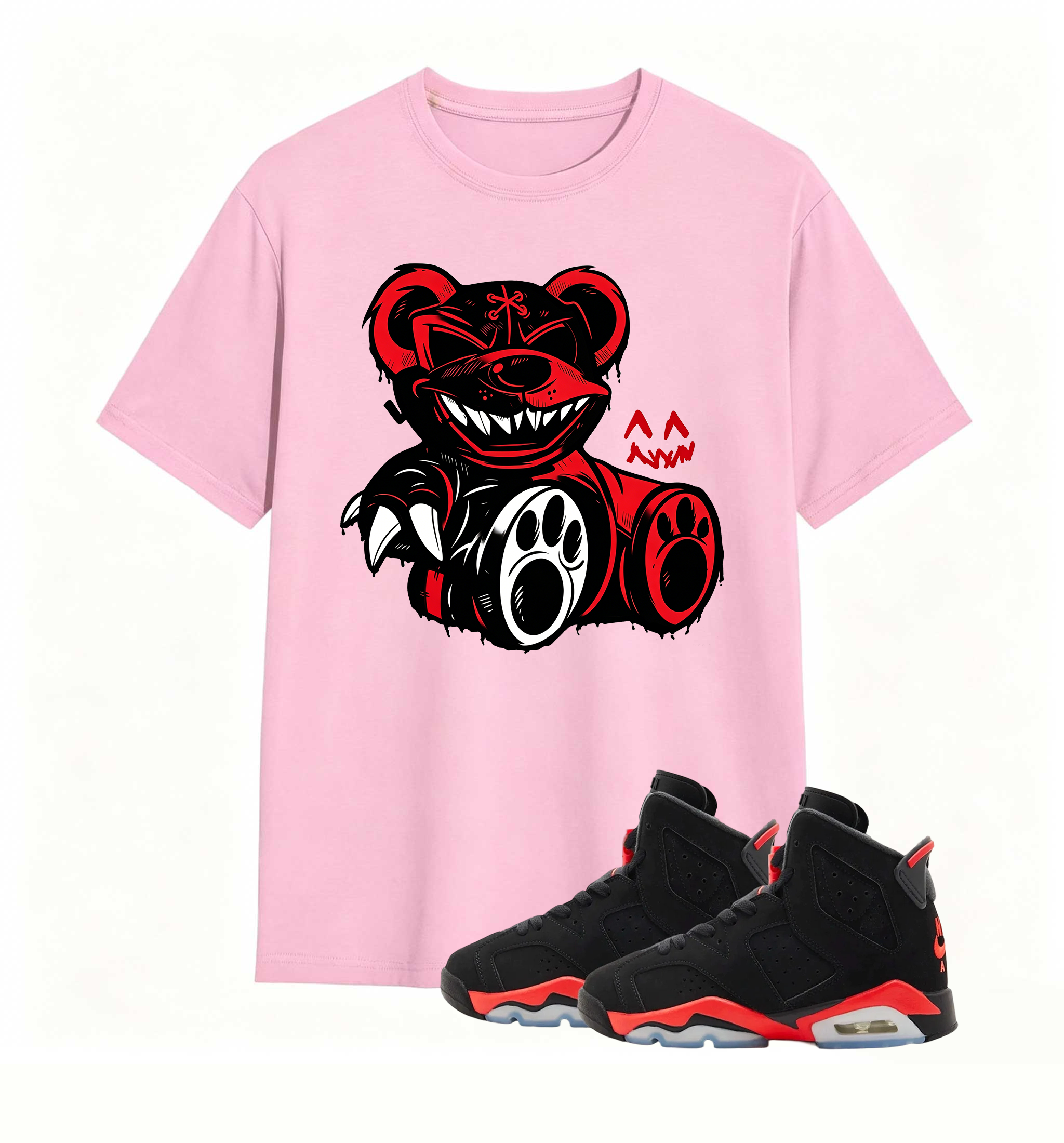Red-accent bear graphic tee, elevates my AJ6 fit