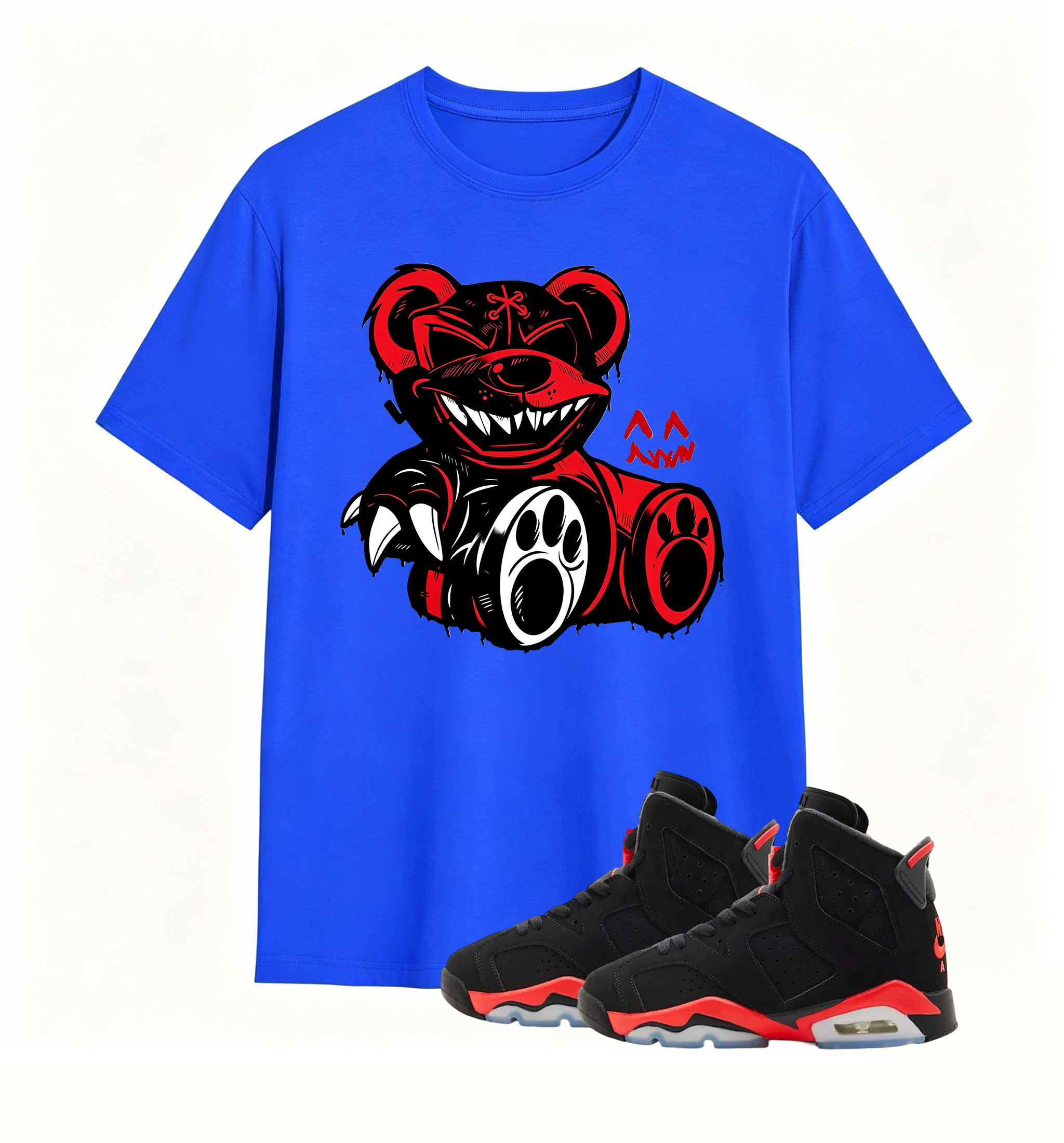 Red-accent bear graphic tee, elevates my AJ6 fit