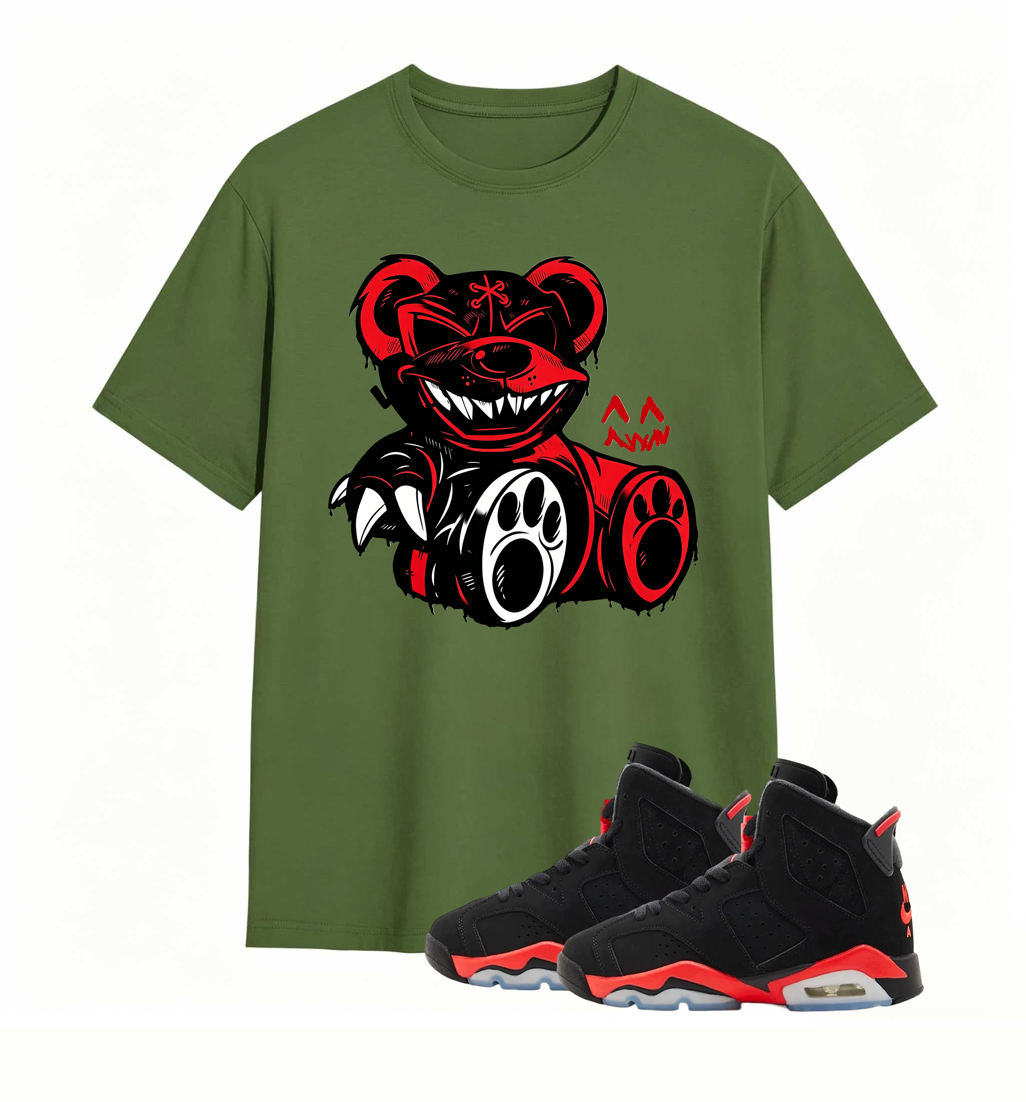 Red-accent bear graphic tee, elevates my AJ6 fit
