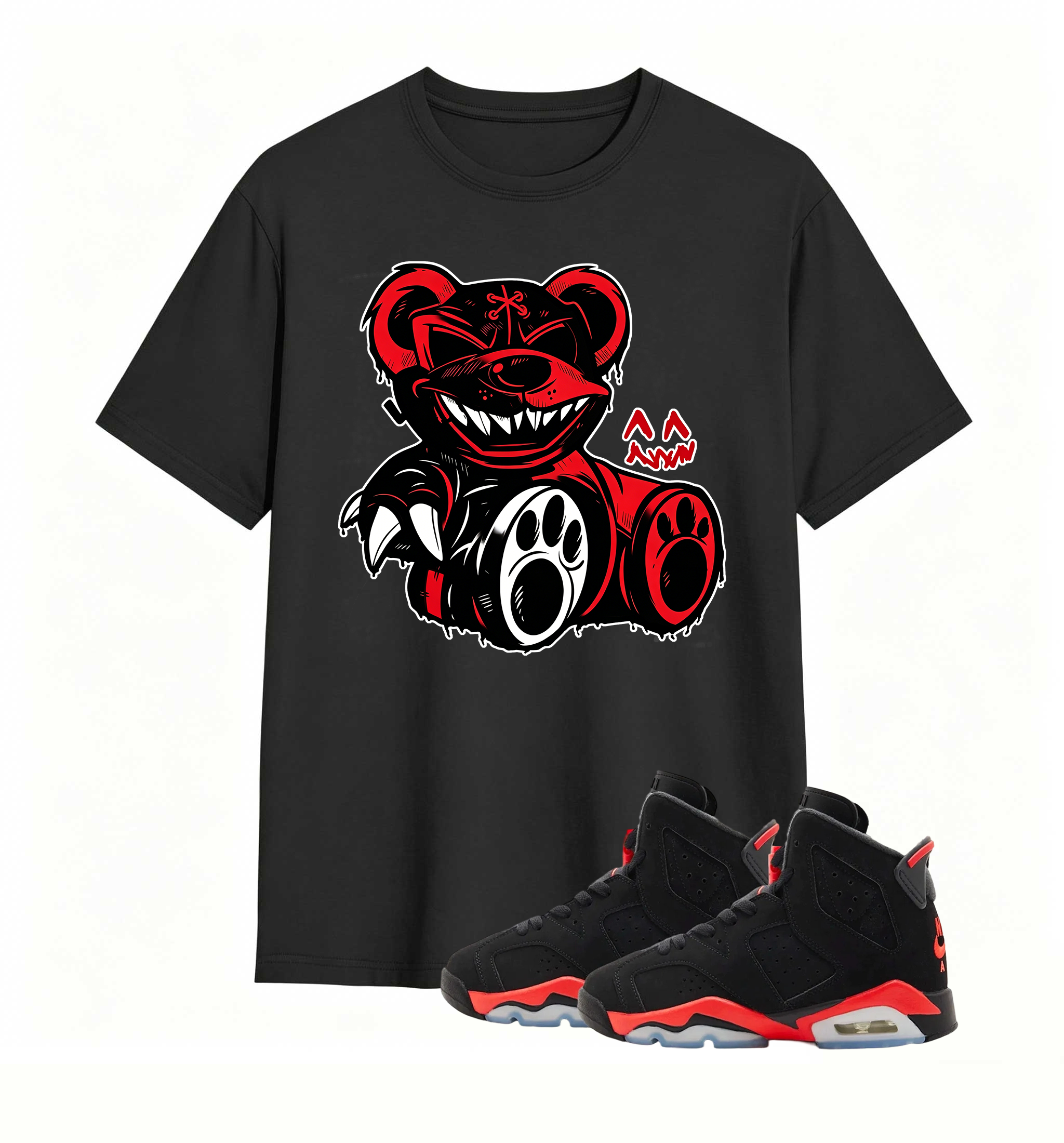 Red-accent bear graphic tee, elevates my AJ6 fit