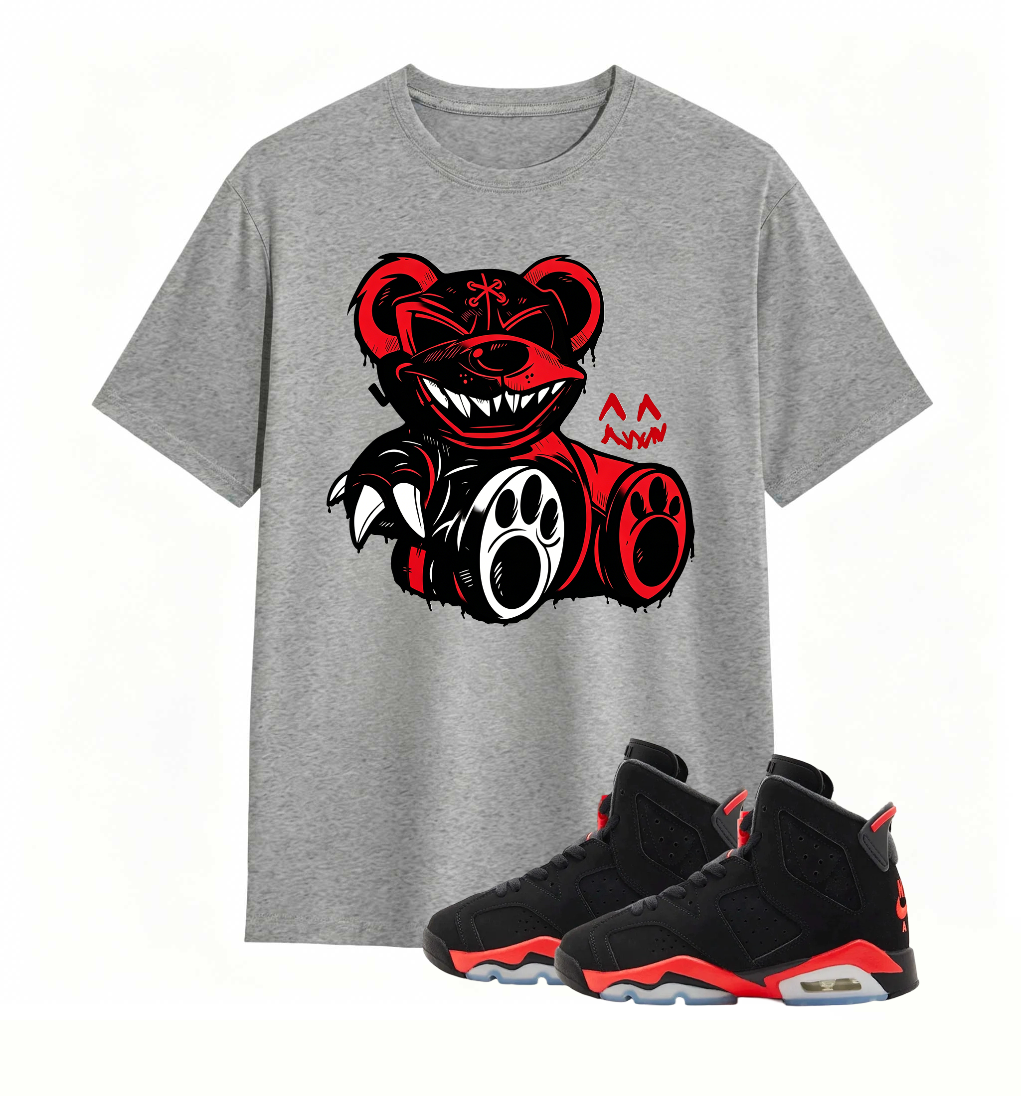 Red-accent bear graphic tee, elevates my AJ6 fit
