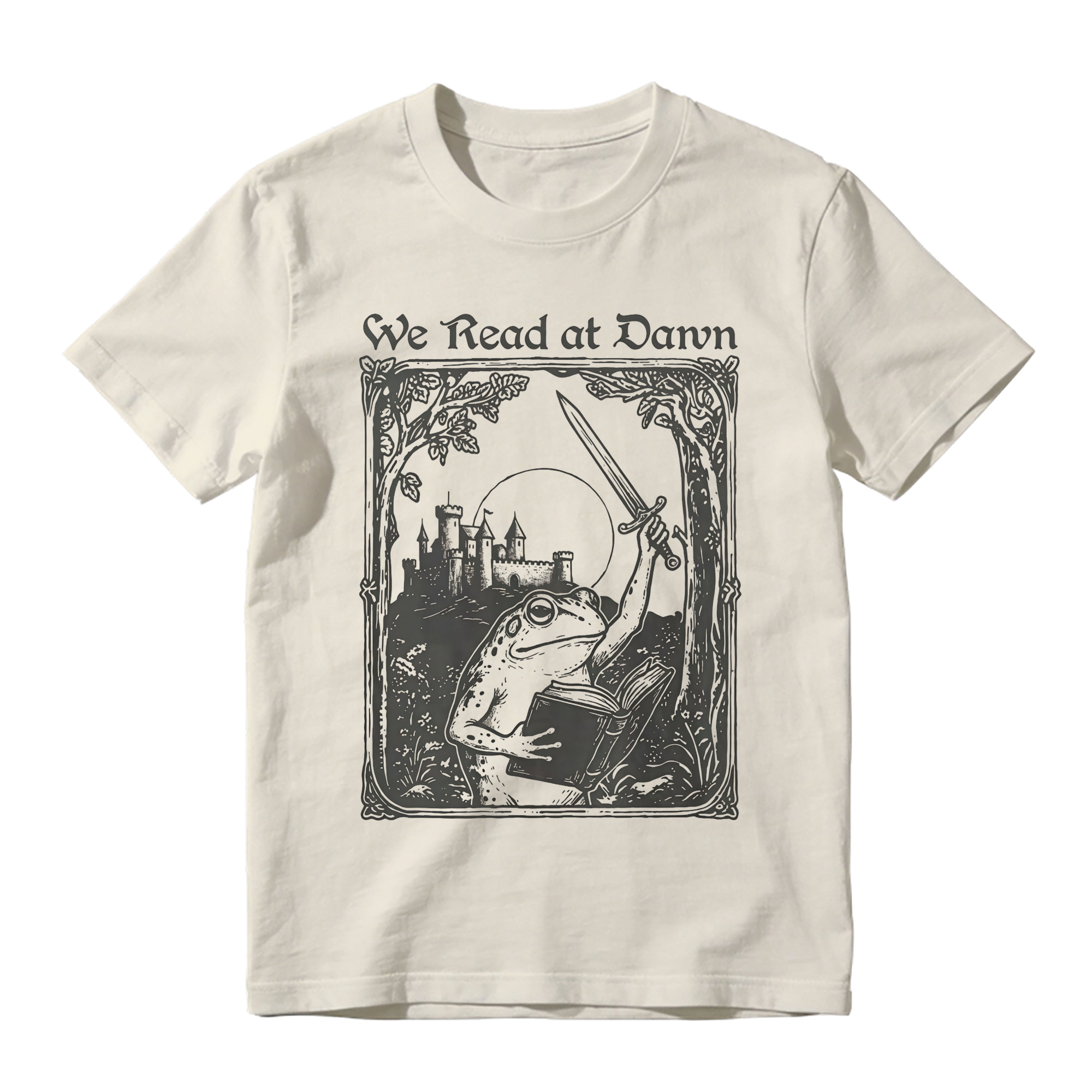 Vintage Frog Graphic Tee Unisex Medieval Castle Book Sword We Read at Dawn Print Short Sleeve T Shirt