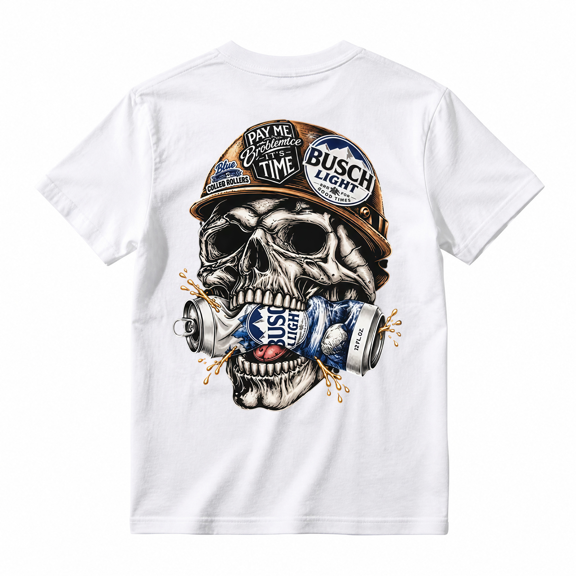 Vintage Skull Hardhat Graphic Tee Unisex Skeleton Drink Can Back Print Casual Short Sleeve T Shirt