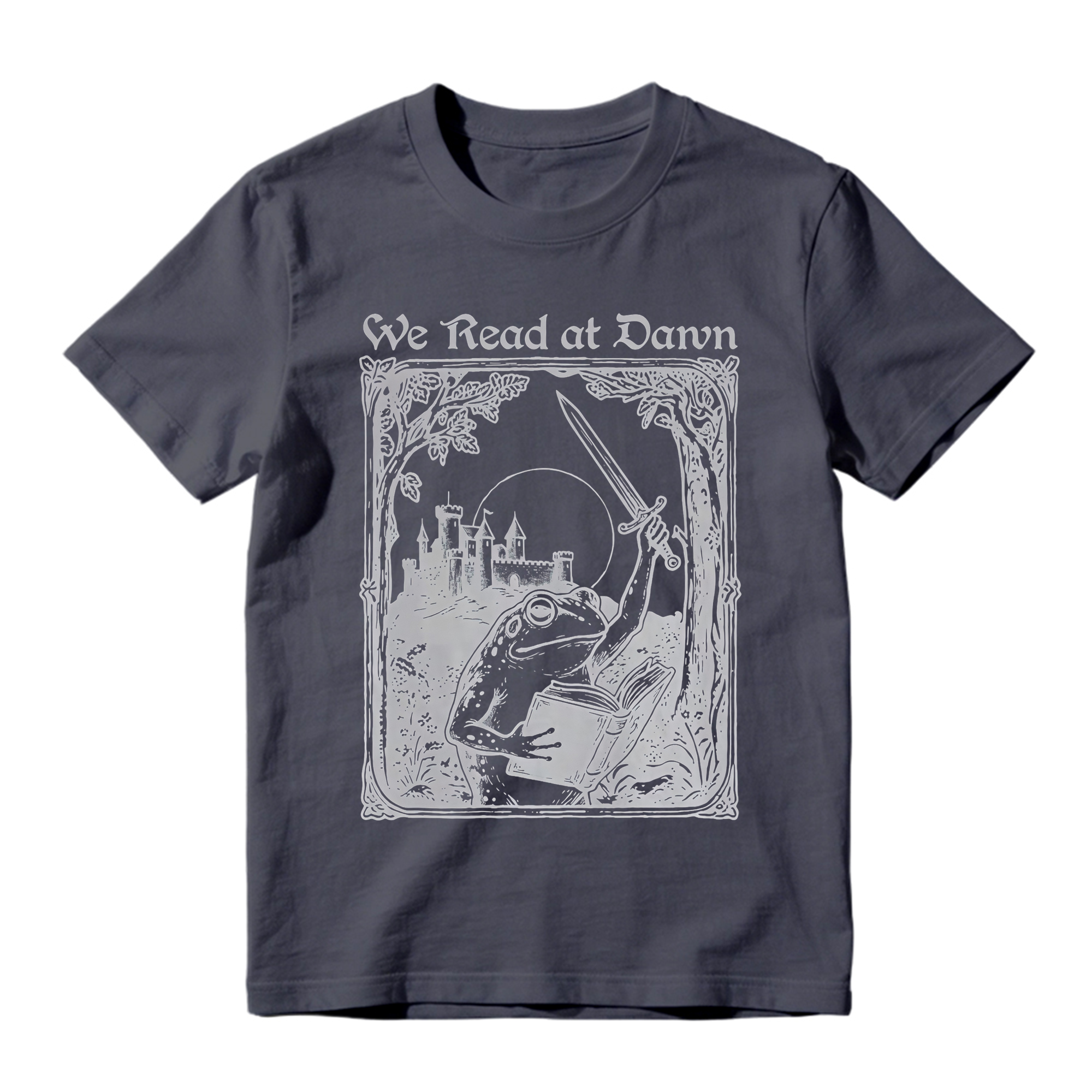 Vintage Frog Graphic Tee Unisex Medieval Castle Book Sword We Read at Dawn Print Short Sleeve T Shirt