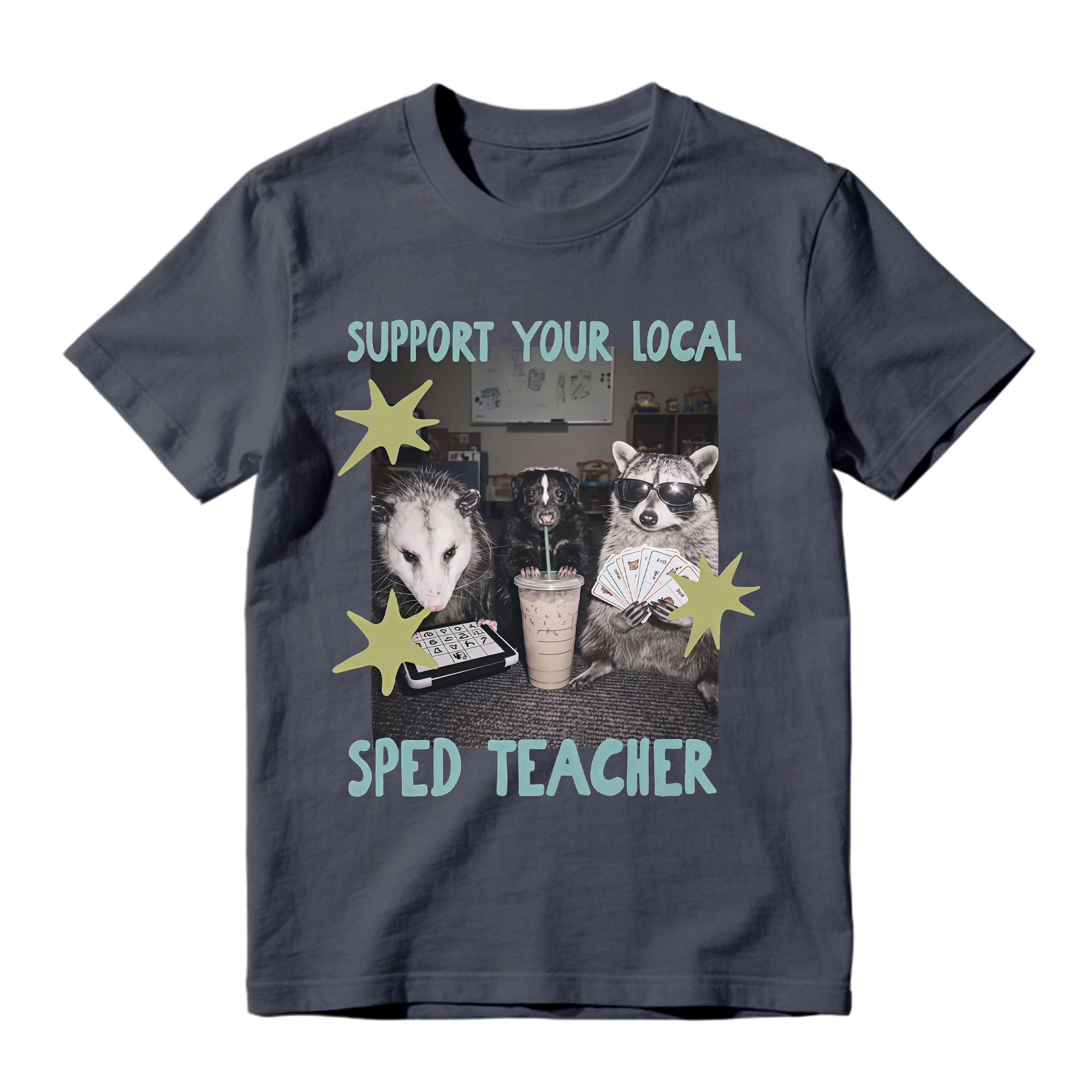 Funny SPED Teacher Animal Graphic Tee Unisex Raccoon Opossum Print Casual Short Sleeve T Shirt