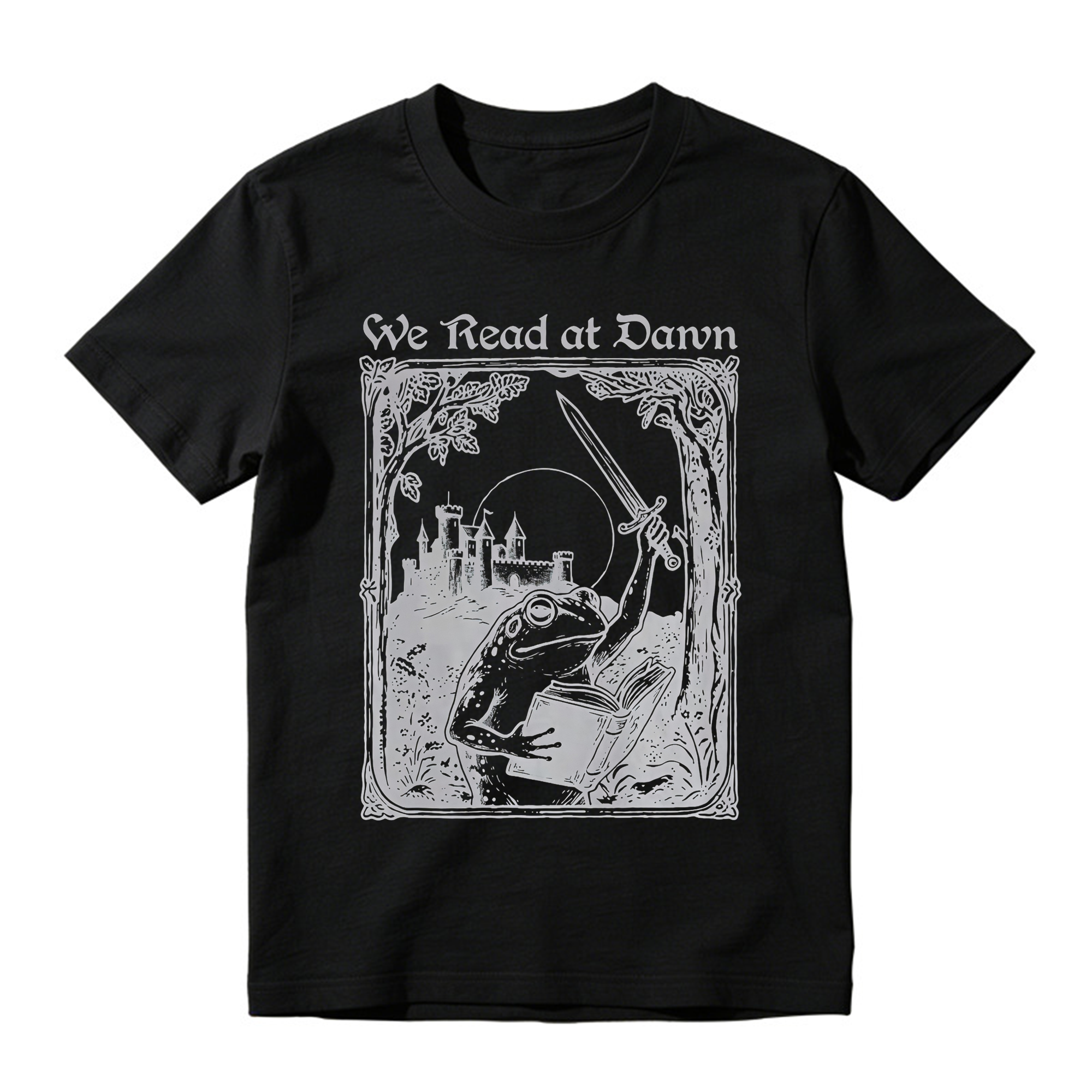 Vintage Frog Graphic Tee Unisex Medieval Castle Book Sword We Read at Dawn Print Short Sleeve T Shirt