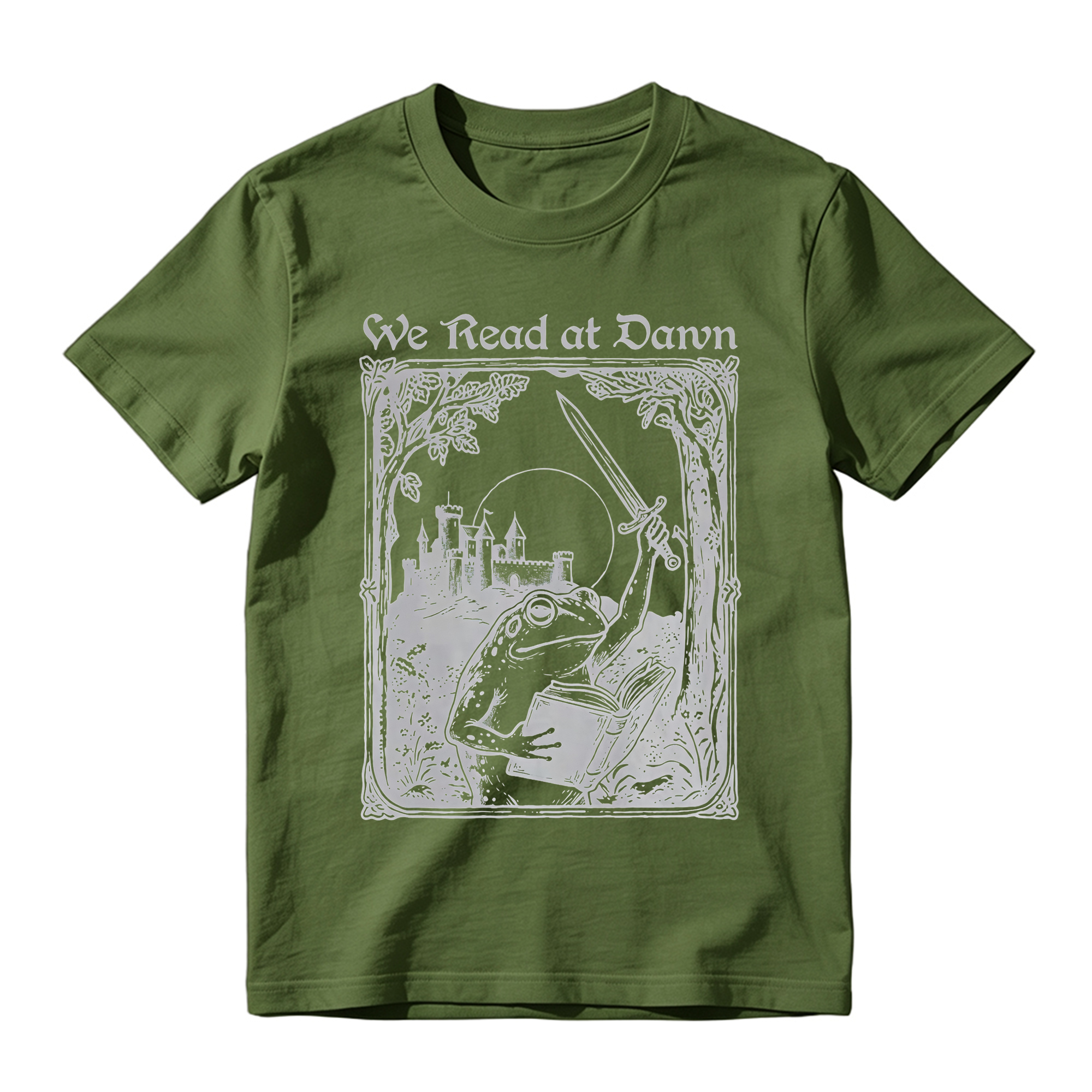 Vintage Frog Graphic Tee Unisex Medieval Castle Book Sword We Read at Dawn Print Short Sleeve T Shirt