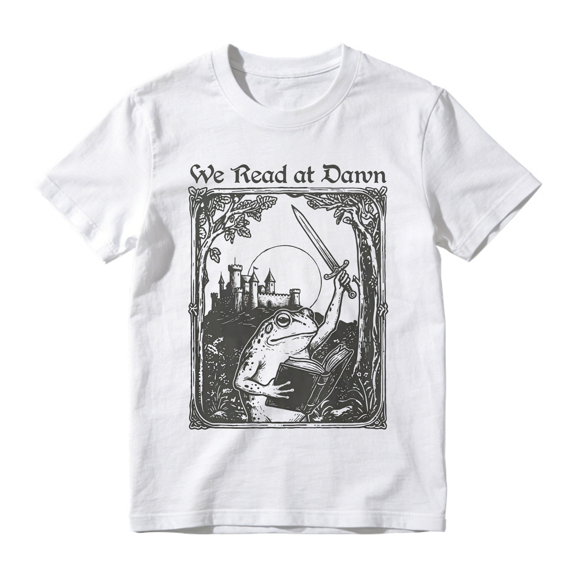 Vintage Frog Graphic Tee Unisex Medieval Castle Book Sword We Read at Dawn Print Short Sleeve T Shirt