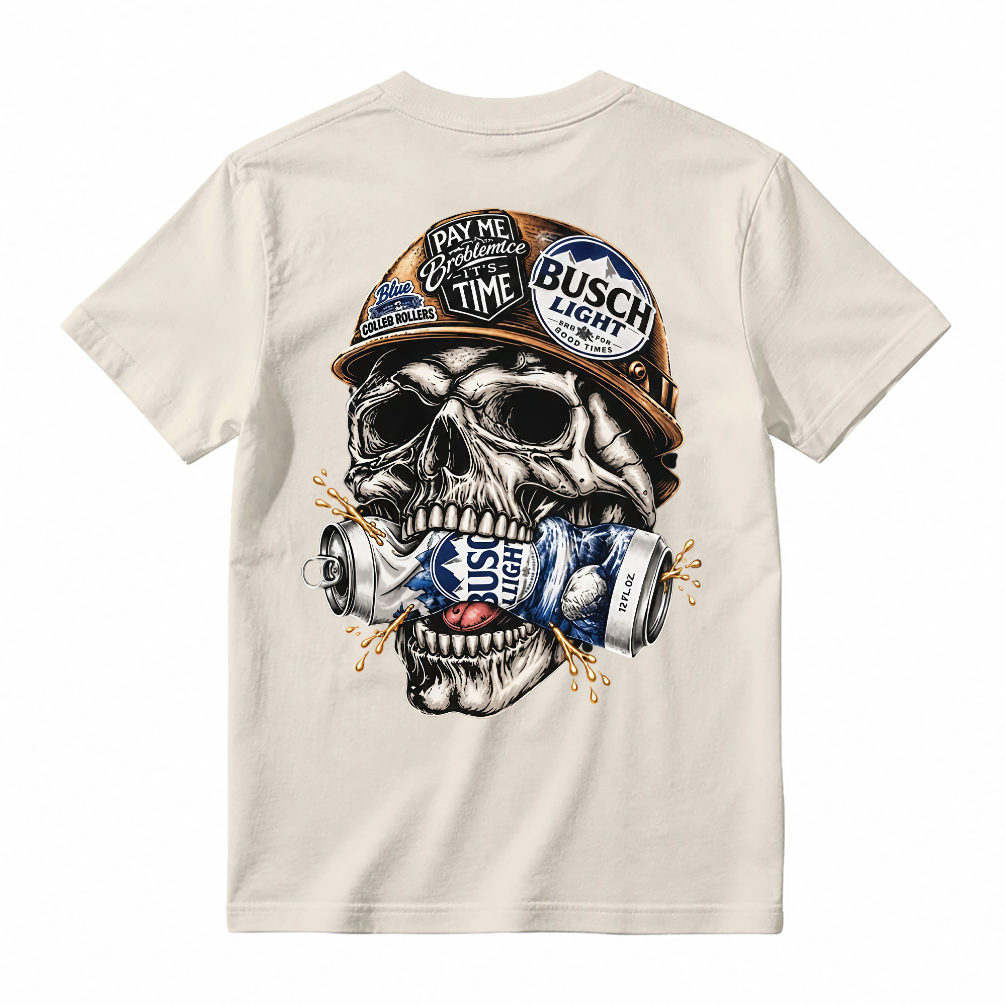 Vintage Skull Hardhat Graphic Tee Unisex Skeleton Drink Can Back Print Casual Short Sleeve T Shirt