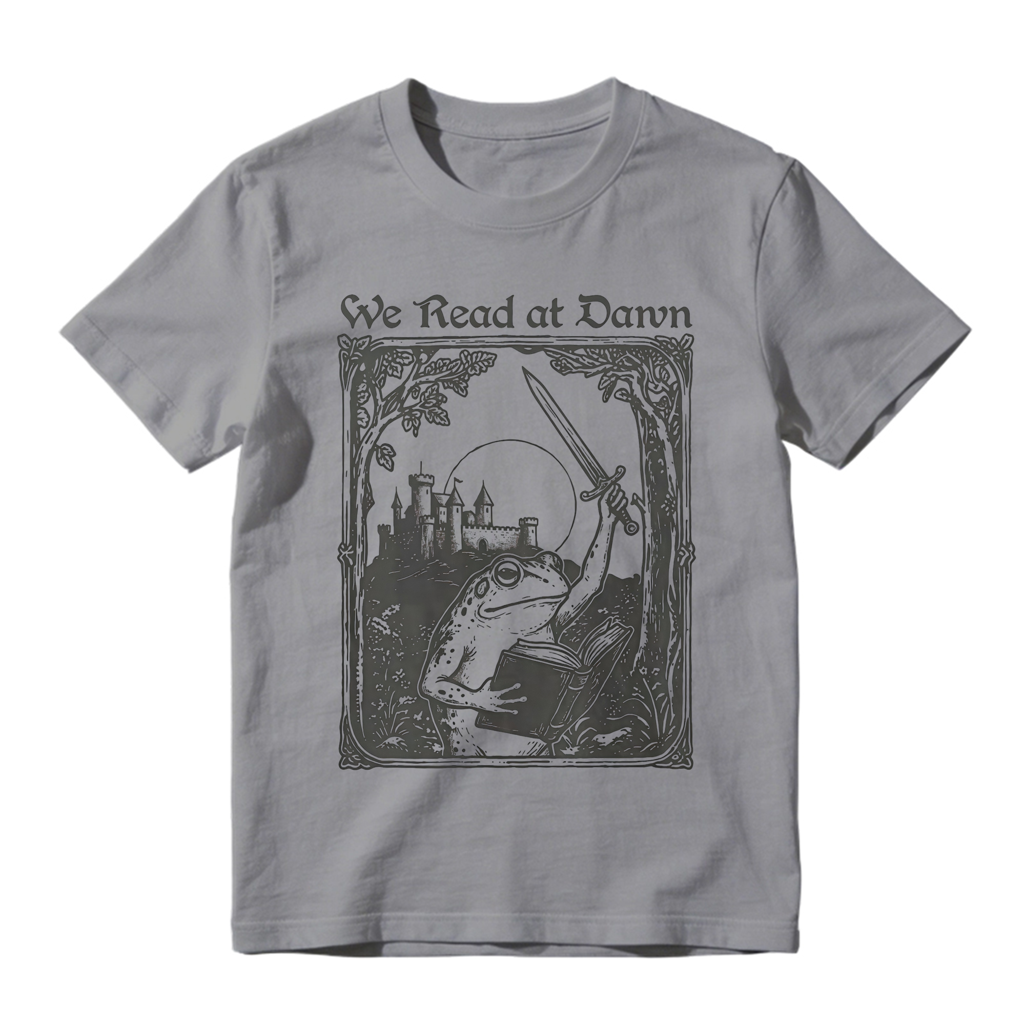 Vintage Frog Graphic Tee Unisex Medieval Castle Book Sword We Read at Dawn Print Short Sleeve T Shirt