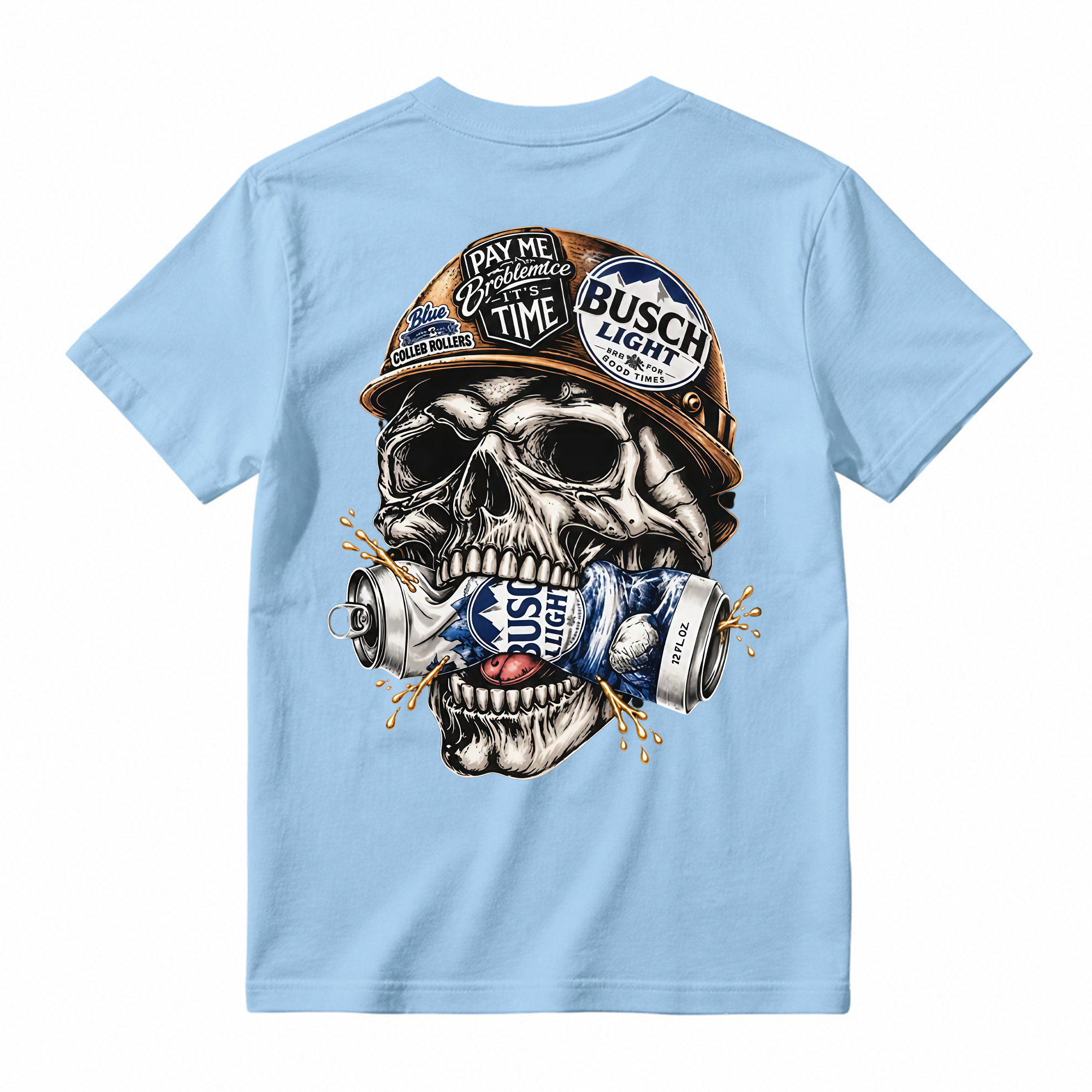 Vintage Skull Hardhat Graphic Tee Unisex Skeleton Drink Can Back Print Casual Short Sleeve T Shirt