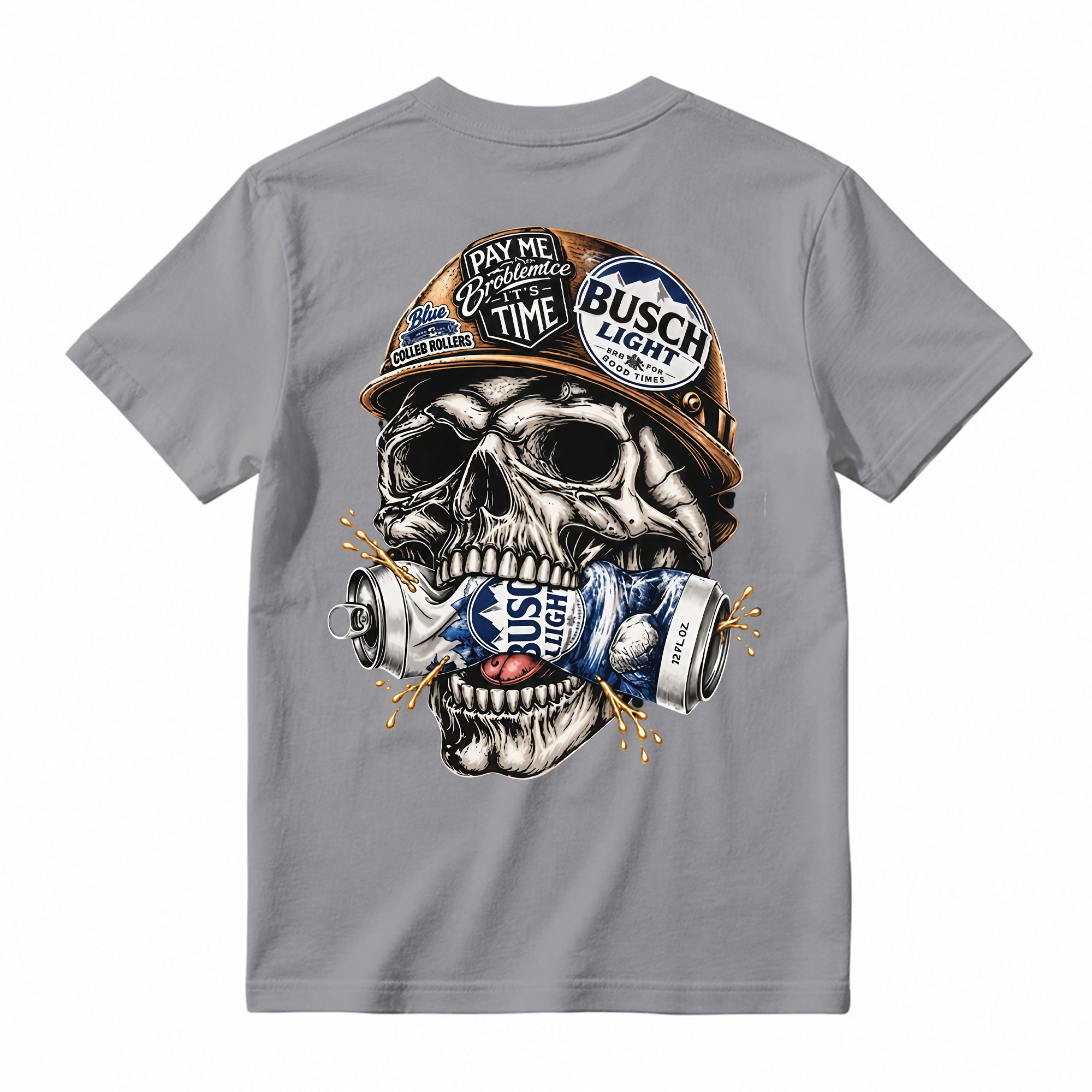 Vintage Skull Hardhat Graphic Tee Unisex Skeleton Drink Can Back Print Casual Short Sleeve T Shirt