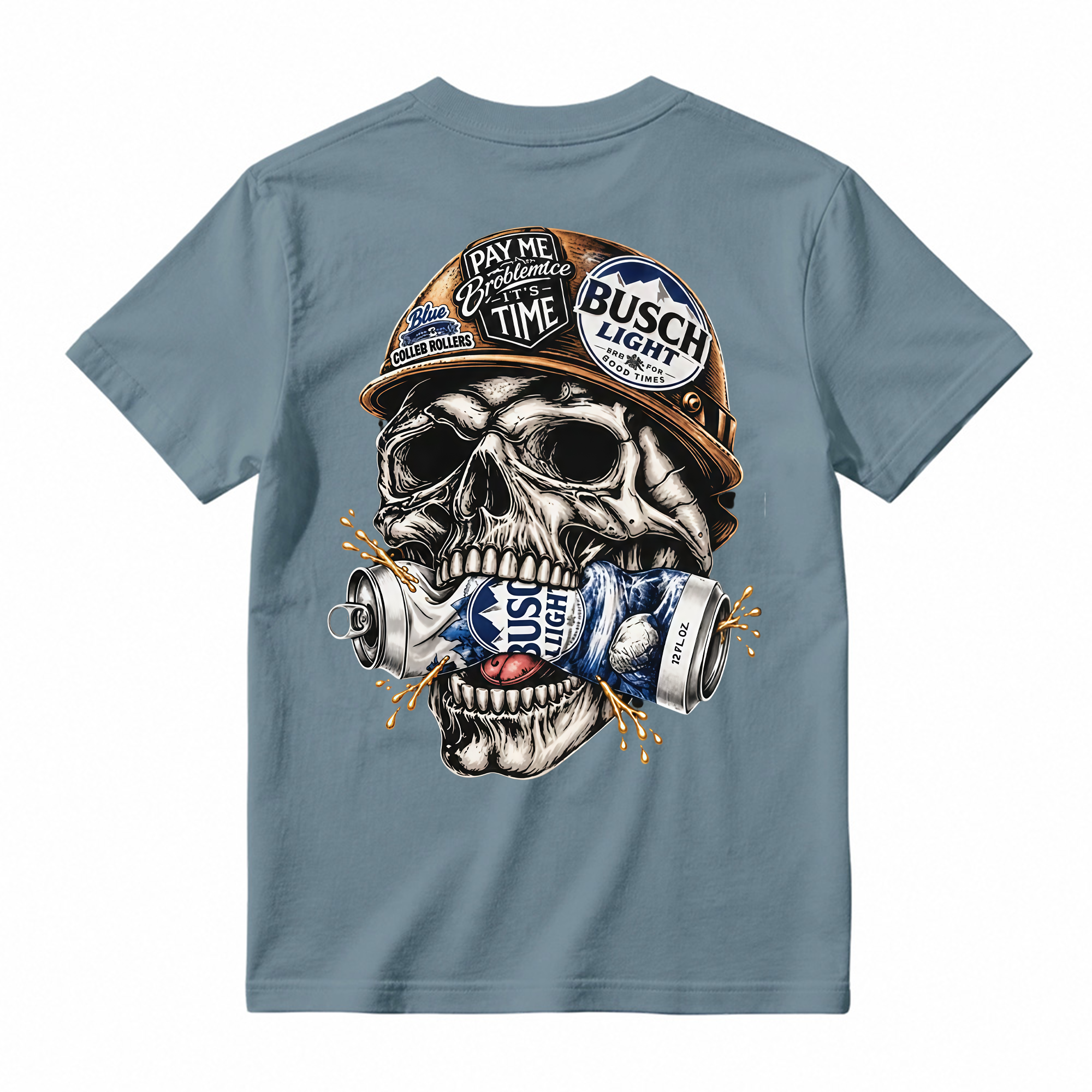 Vintage Skull Hardhat Graphic Tee Unisex Skeleton Drink Can Back Print Casual Short Sleeve T Shirt
