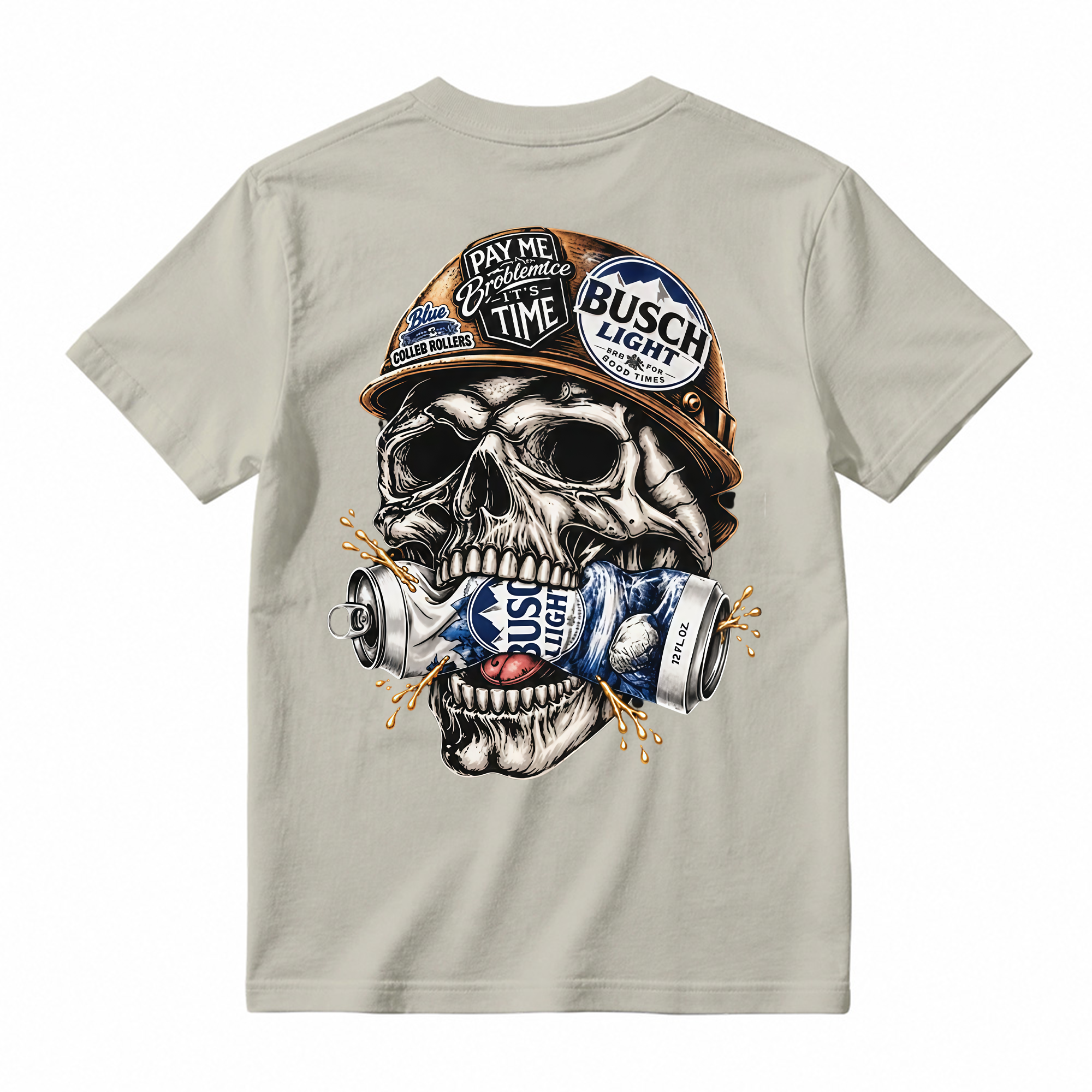 Vintage Skull Hardhat Graphic Tee Unisex Skeleton Drink Can Back Print Casual Short Sleeve T Shirt