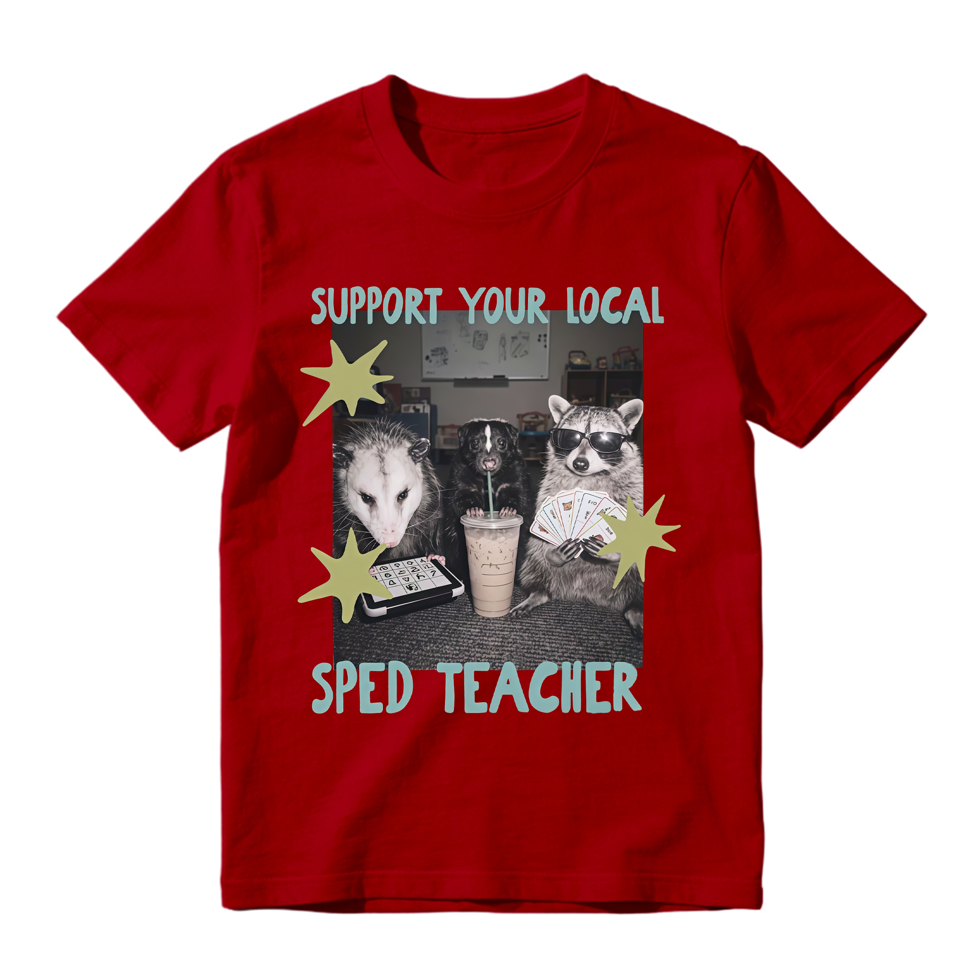 Funny SPED Teacher Animal Graphic Tee Unisex Raccoon Opossum Print Casual Short Sleeve T Shirt